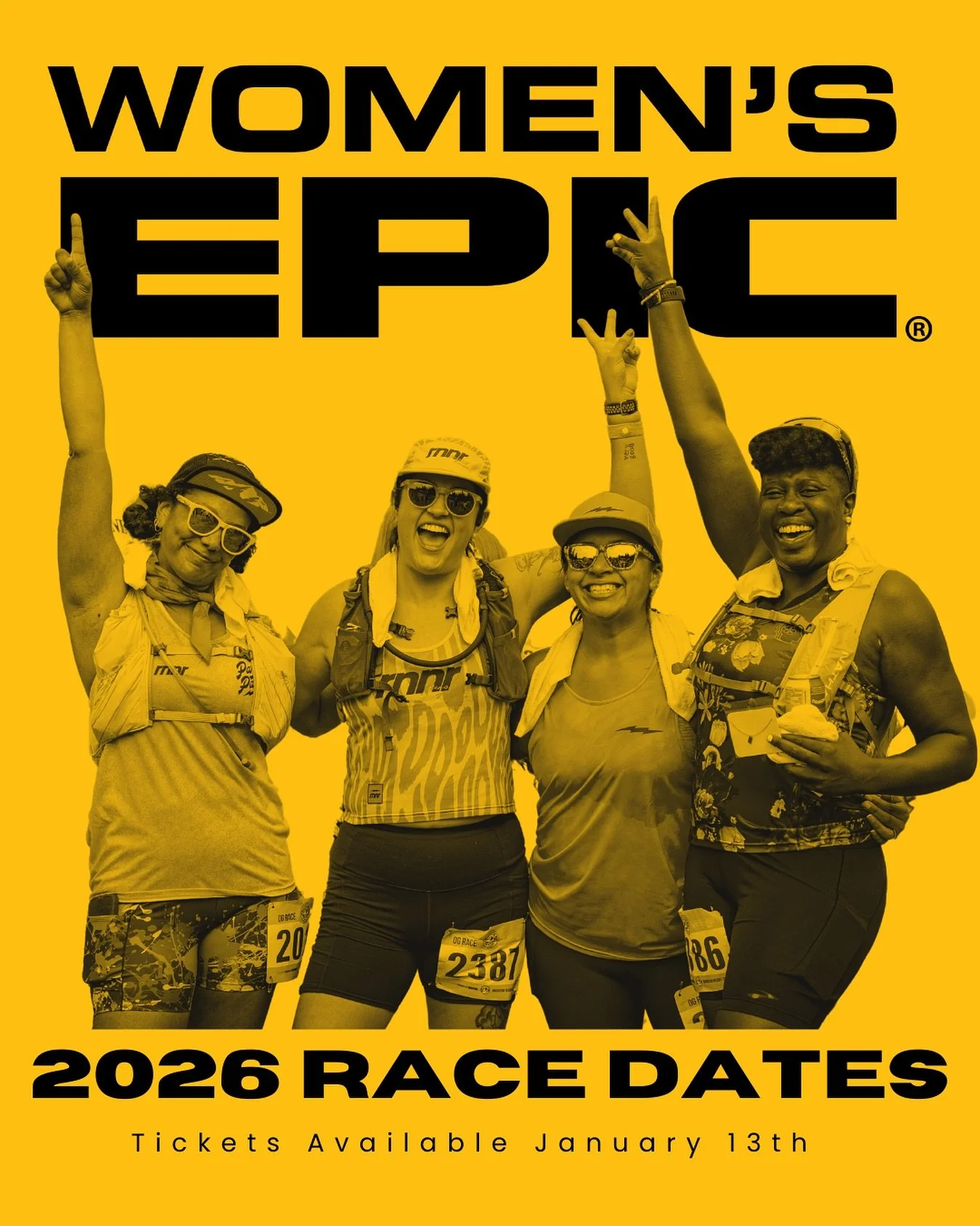 WOMEN&rsquo;S EPIC 2026 RACE SEASON
❗️ JULY 25 - The OG at BRIGHTON - TRAIL
❗️ SEPTEMBER 26 - DEER VALLEY - TRAIL
❗️ OCTOBER 24 - OGDEN / WEBER STATE - ROAD

Tickets go live on January 13th at 9am and they always sell out. Get ready to leave your com