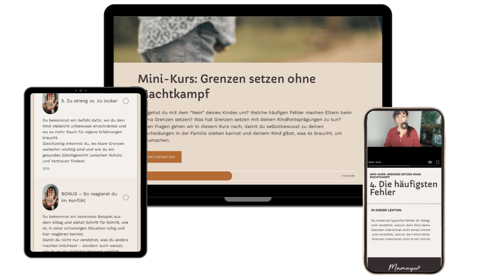 Screenshot eines Online-Kurses zum Thema Grenzen setzen ohne Machtkampf, gezeigt auf einem Laptop und zwei Smartphones. Der Kurs behandelt häufige Fehler im Umgang mit Kindern und wie man klare Grenzen setzt.