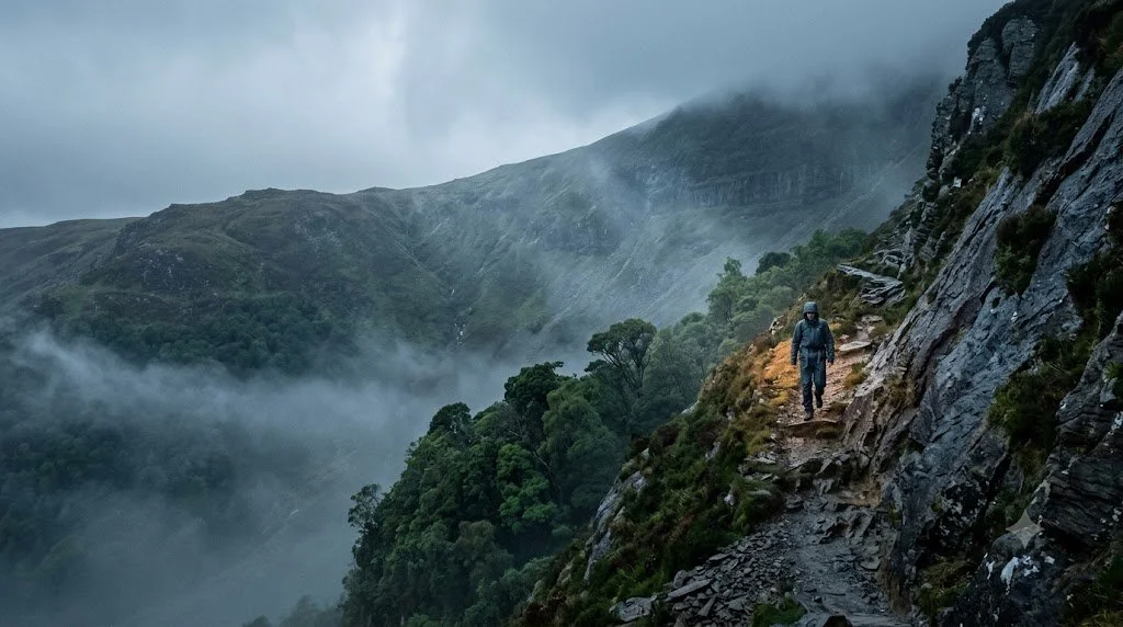 A solitary figure climbing a steep mountain path in dramatic highland terrain