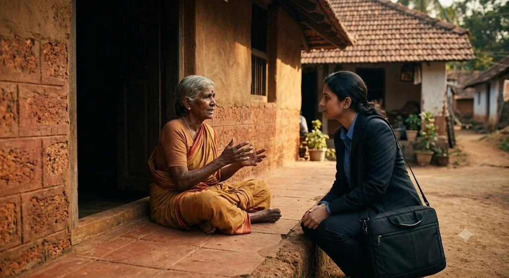 Two people of different generations in quiet conversation, one listening intently