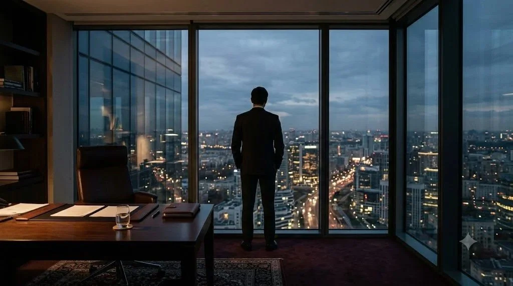 A leader standing alone at a window at dusk, looking out over a city
