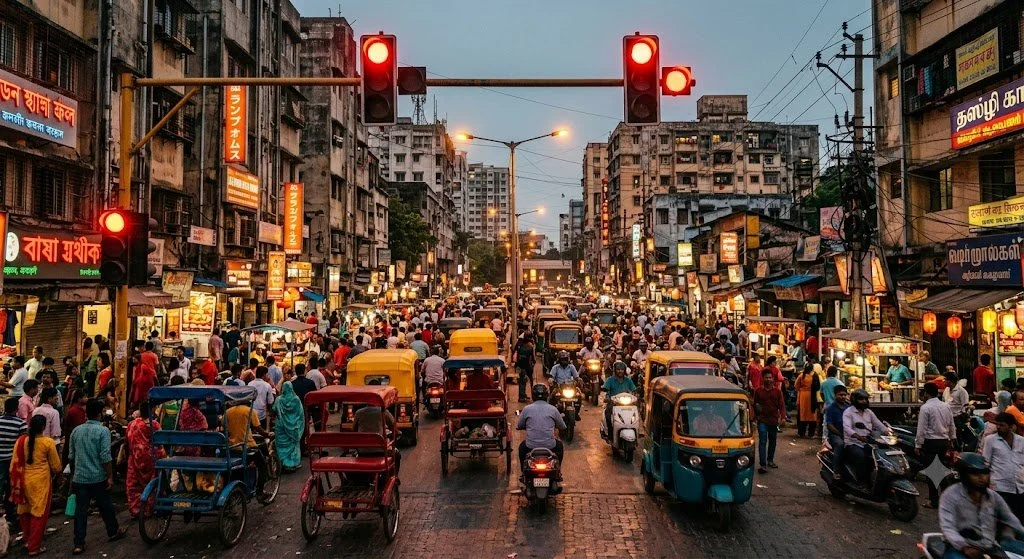 Busy urban street intersection with flowing traffic and movement
