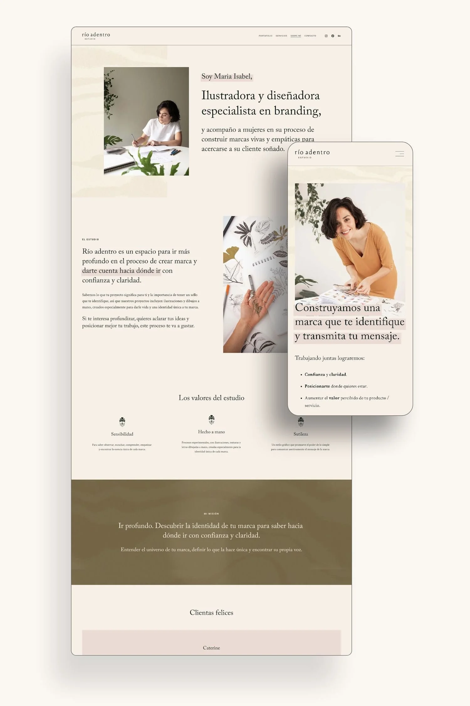 Página web y vista móvil de un estudio de branding llamado Río Adentro con información sobre María Isabel, diseñadora gráfica especializada en branding, que trabaja en la creación de marcas significativas y claras, con fotos del estudio y detalles sobre sus valores y misión.