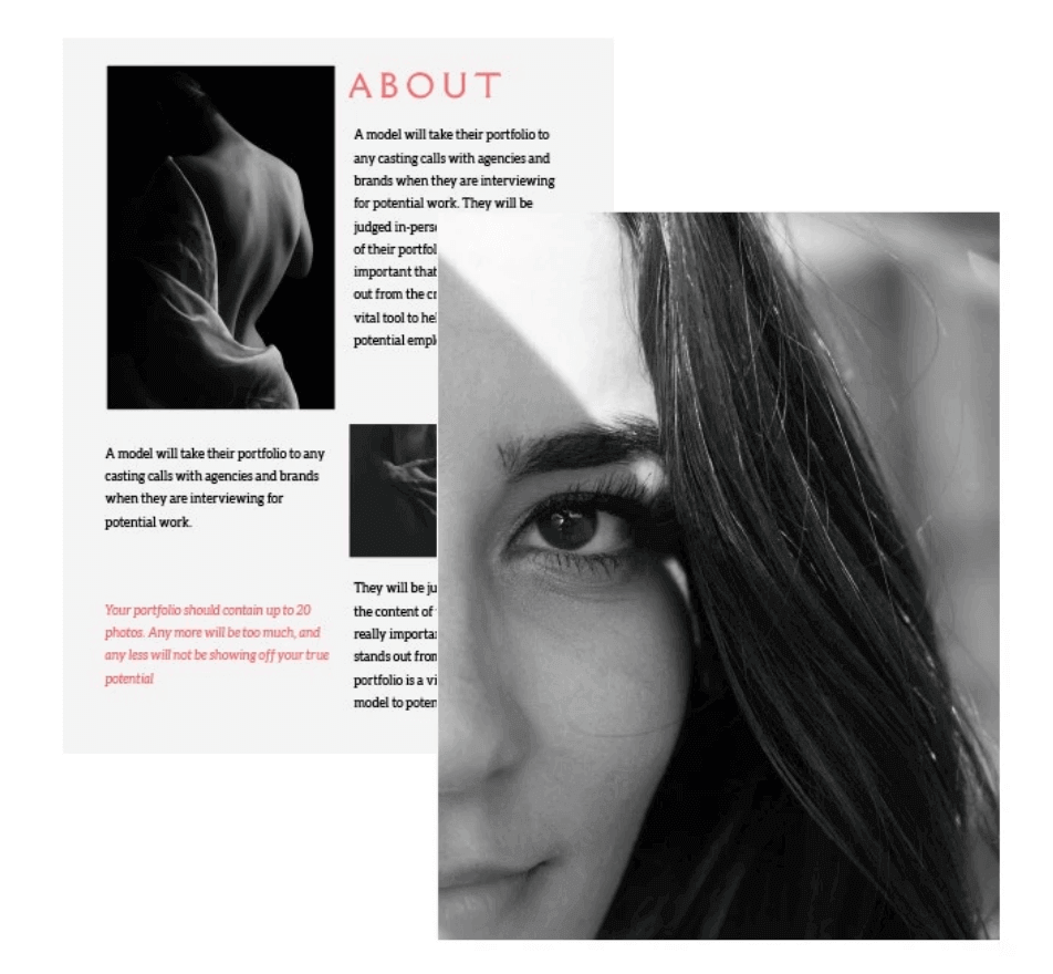 Extrait d’un article sur l’importance du portfolio pour un mannequin. Souligne son rôle clé lors des castings et recommande un portfolio de 20 photos environ pour bien montrer le potentiel du modèle.