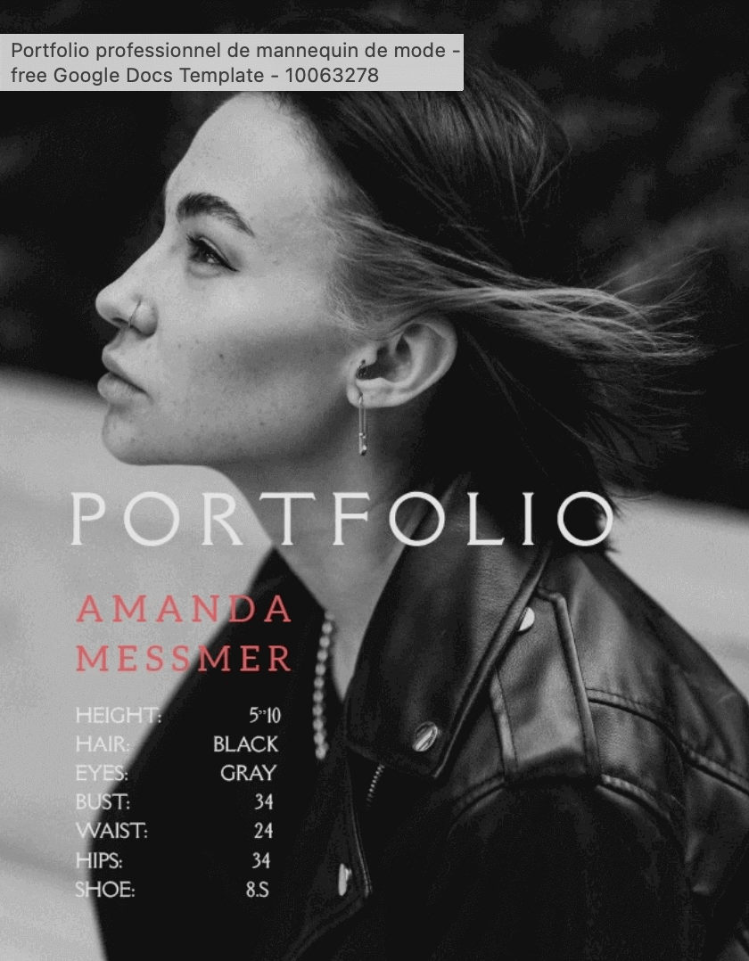 Page du portfolio d’Amanda Messmer, mannequin pro. Présente ses mensurations et looks en noir et blanc. Montre une présentation claire et professionnelle.