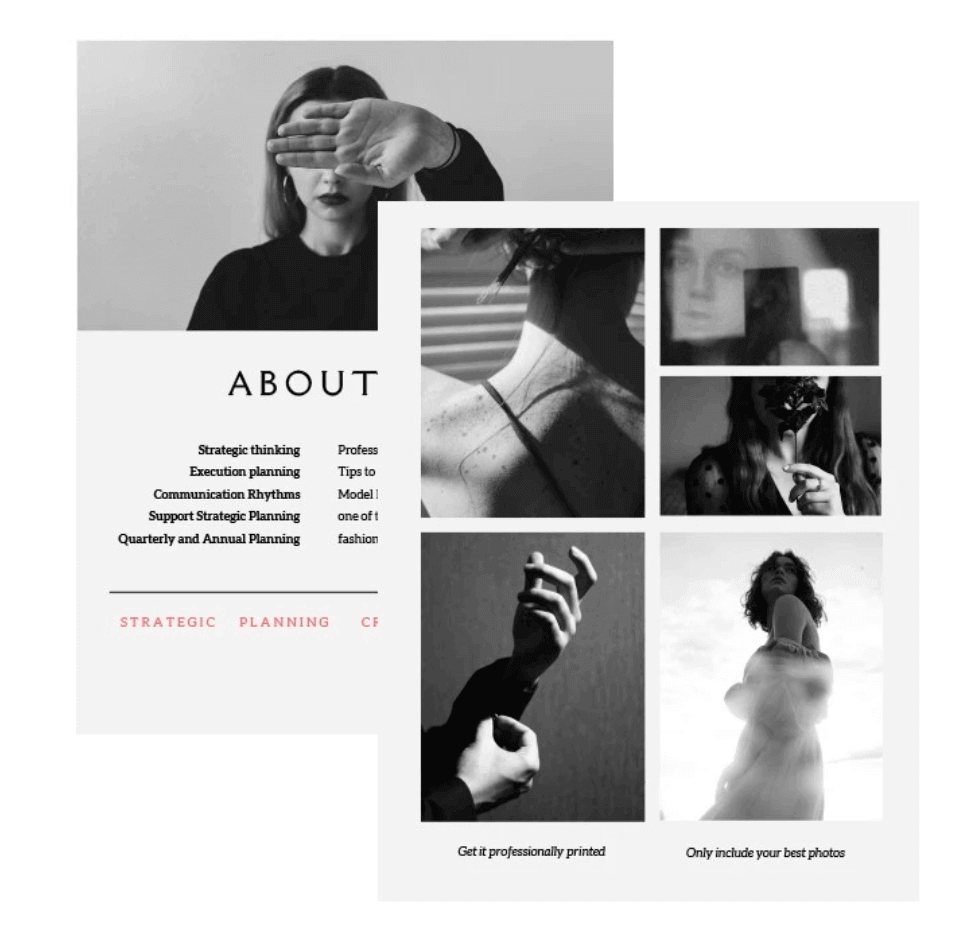 Cette image illustre un guide sur la création d’un portfolio professionnel de mannequin. Elle contient des textes explicatifs sur l’importance du portfolio, ainsi que des images en noir et blanc des yeux, des mains de la modèle.