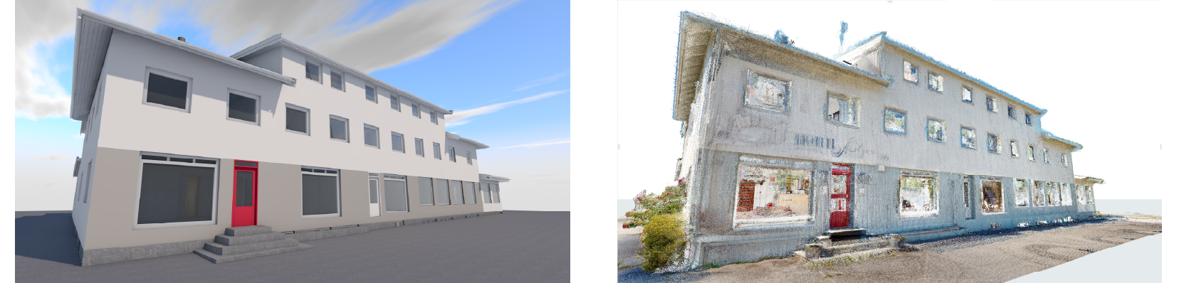 Bildet viser to bilder av samme bygning, den venstre er en 3D-modell uten tekstur, den høyre er en 3D-skanner med visuelt støy og tekstur. Bygningen er en tre-etasjes bygning med mange vinduer og en rød dør.