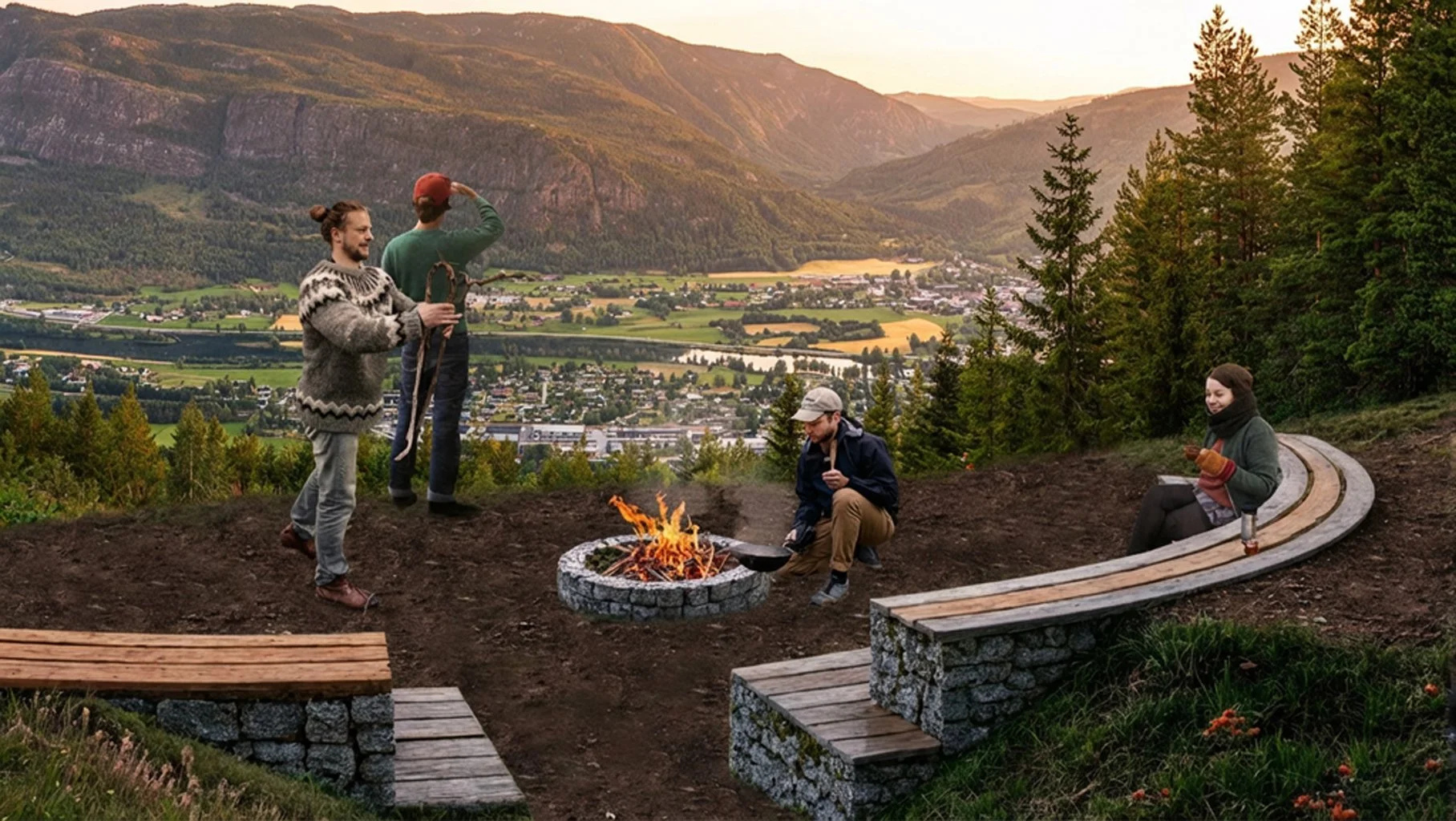 Folk samles rundt et bål på en fjelltopp med utsikt over en dal, med personer som sitter og står, og en person som lager mat.