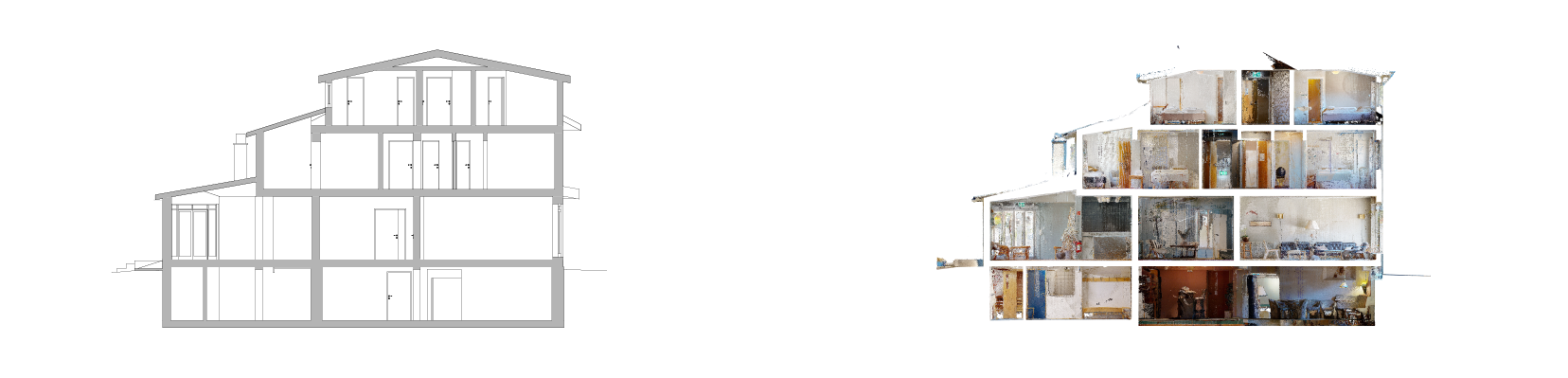 Seks-etasjes bygning med kuttunntak som avslører rom og strukturer i interiøret.