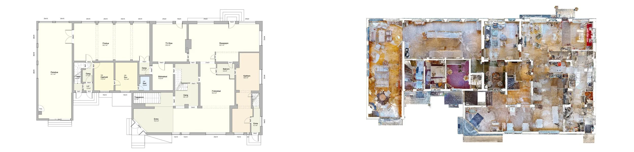 To byggesteg, et plantegning på venstre side og en 3D-modell av et hus på høyre side.