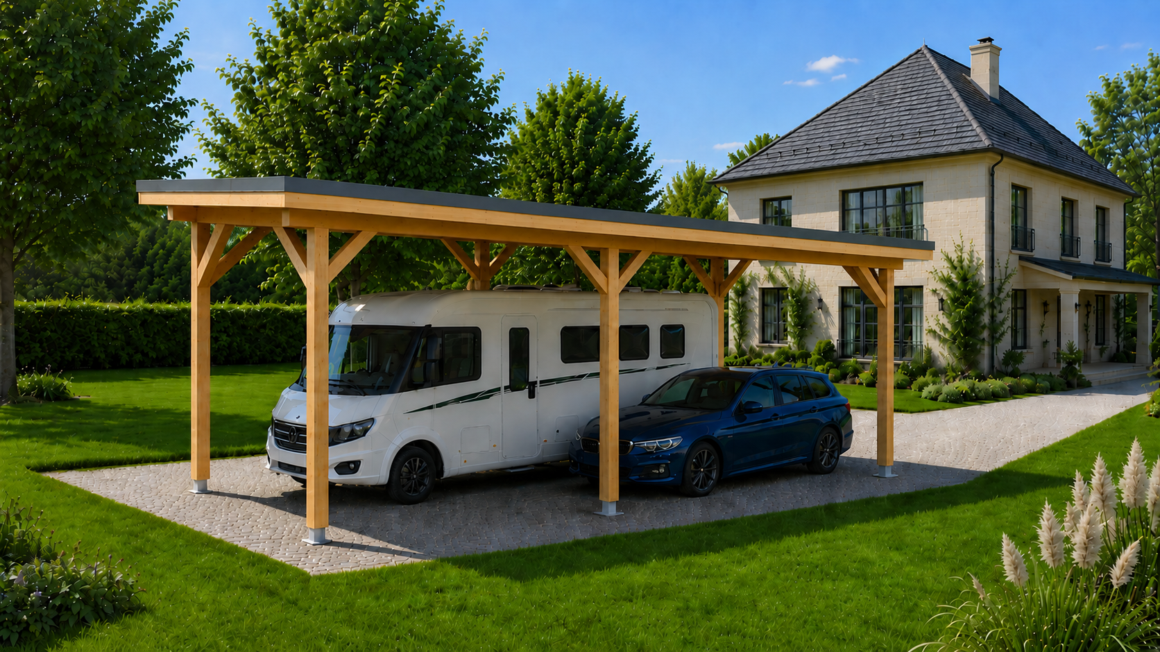 A car and an RV under a wooden carport in the yard of a luxurious home.