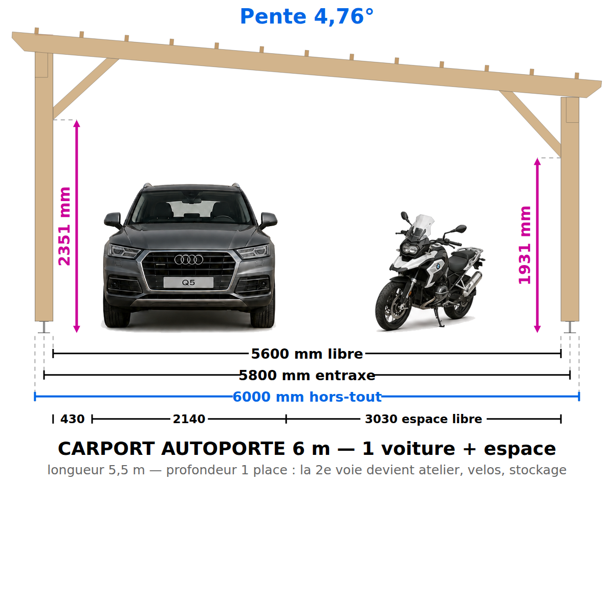 Carport voiture autoporté 5,5 m x 6 m : hauteur 2,6 m/3,1 m
