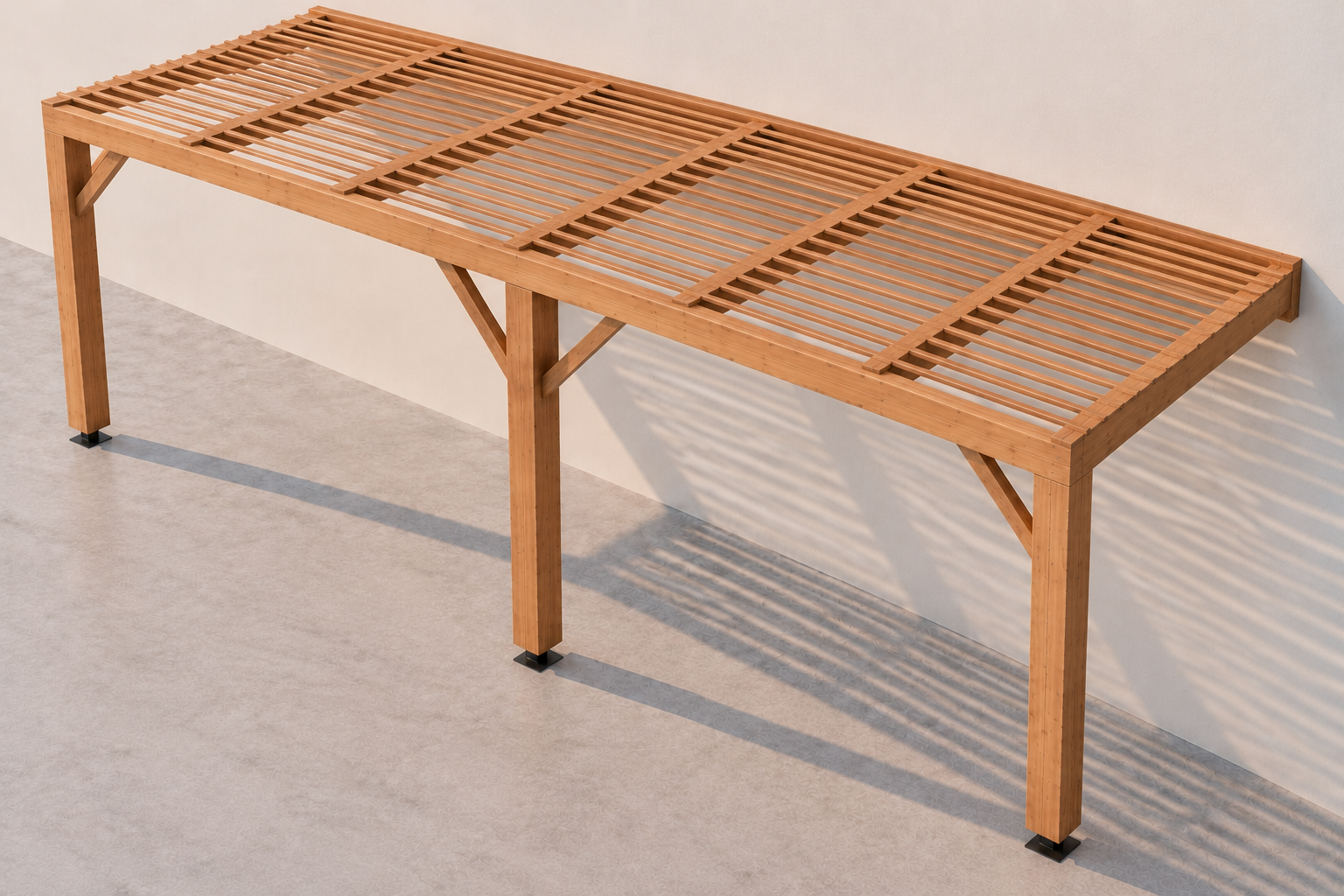Pergola moderne adossée en bois à trois poteaux, avec toiture plate à liteaux — Simplywoodplan