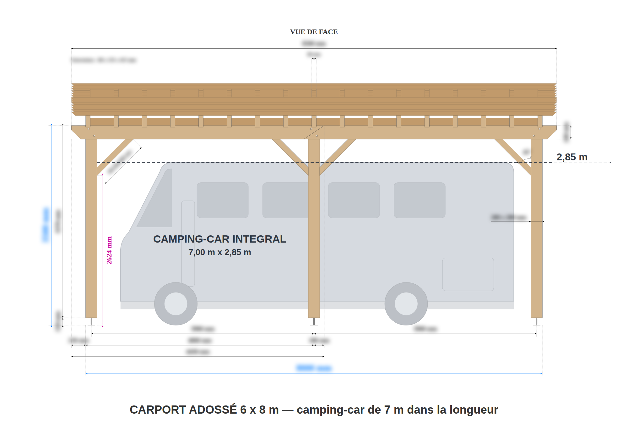 Plan technique d'une extension en bois pour camping-car, montrant la structure et les dimensions, avec un carport adjacent de 6x8 mètres