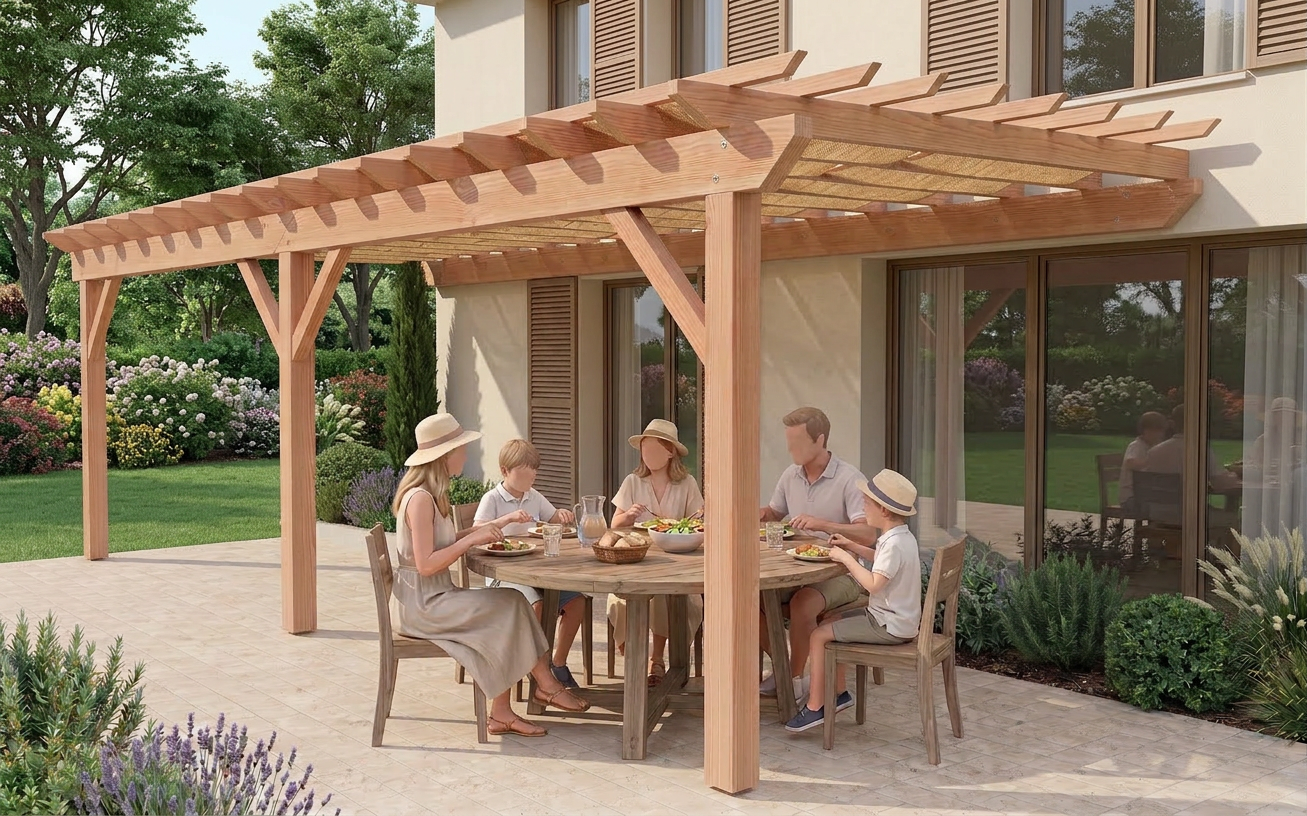A family eating under a wooden pergola in a garden