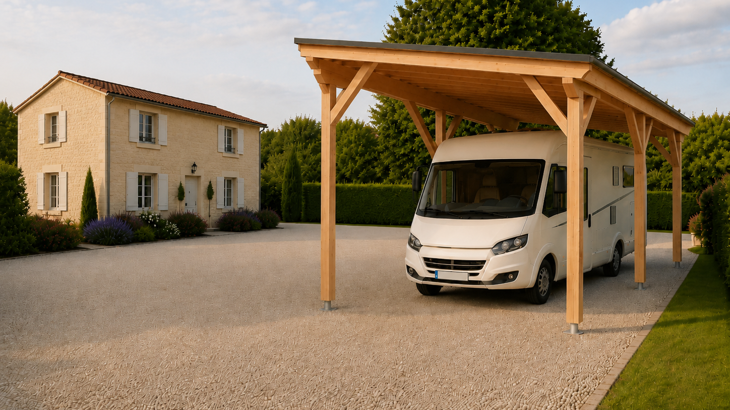 Une maison ancienne en pierre beige avec des volets blancs, entourée de plantes et d'arbustes, et un véhicule de type camping-car stationné sous une grande structure en bois dans un jardin bien entretenu.