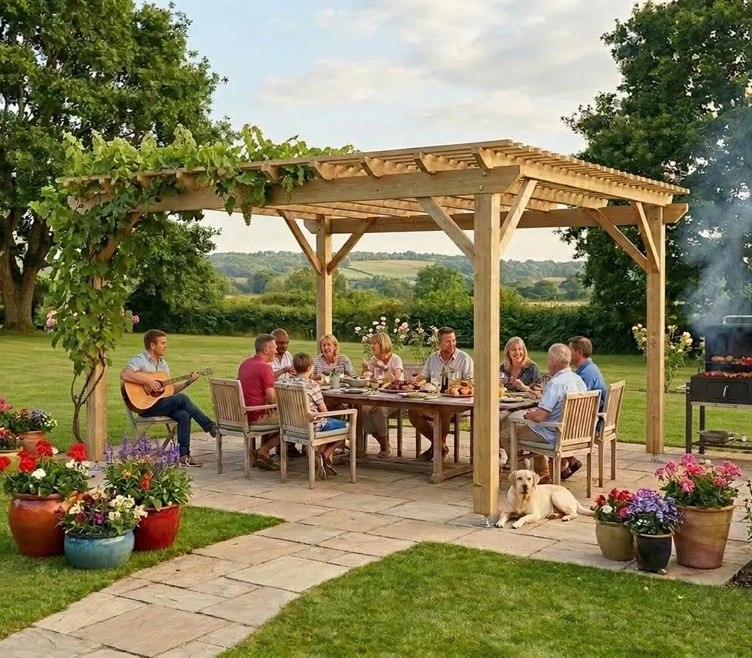 Un groupe de personnes dînent et jouent de la musique sous une pergola en bois dans un jardin verdoyant. Une personne joue de la guitare, un barbecue fume à proximité, et un chien repose sur le sol à côté de plusieurs pots de fleurs colorés.
