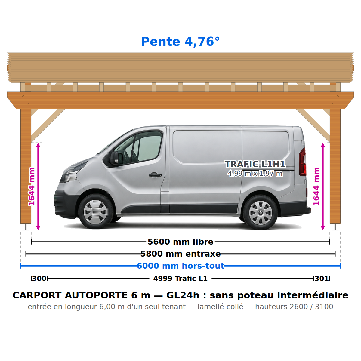 Carport voiture autoporté 6 m x 6 m : hauteur 2,6 m/3,1 m GL24h