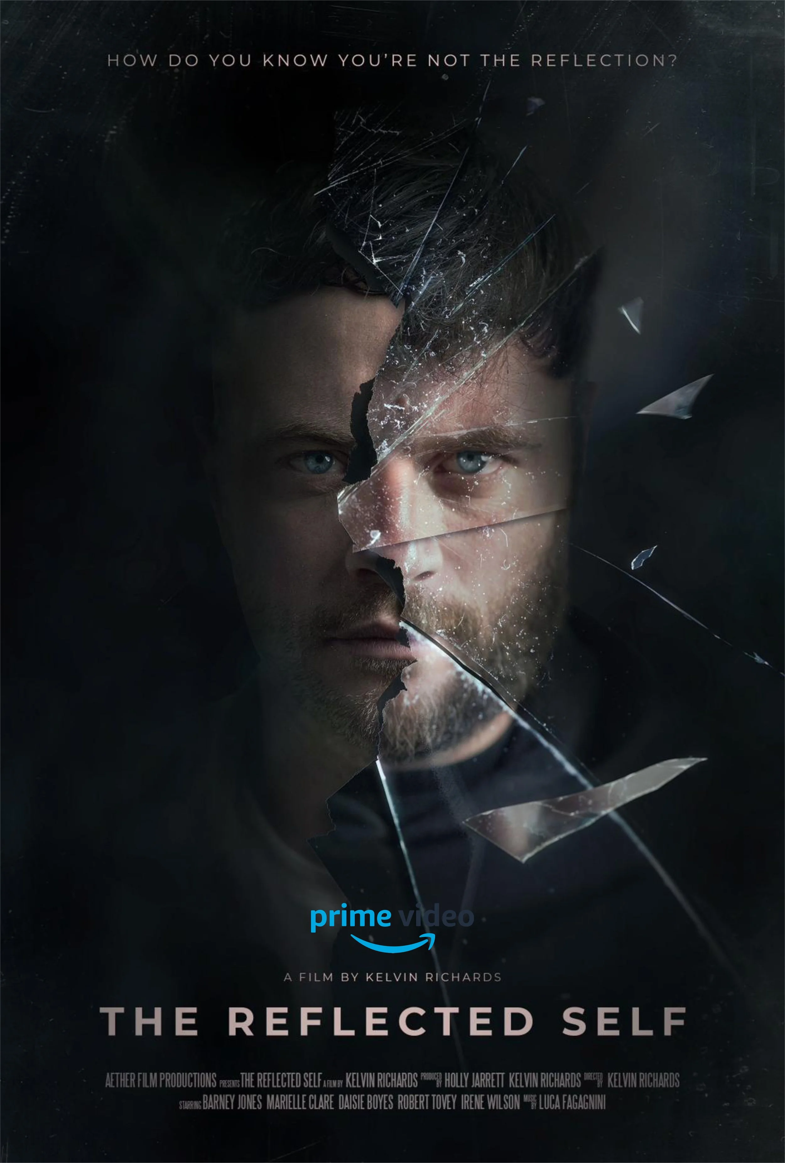 Poster for the film 'The Reflected Self,' depicting a person's face seen through a shattered mirror, with the reflection partially visible. The poster has the text 'How do you know you're not the reflection?' and includes the Prime Video logo.