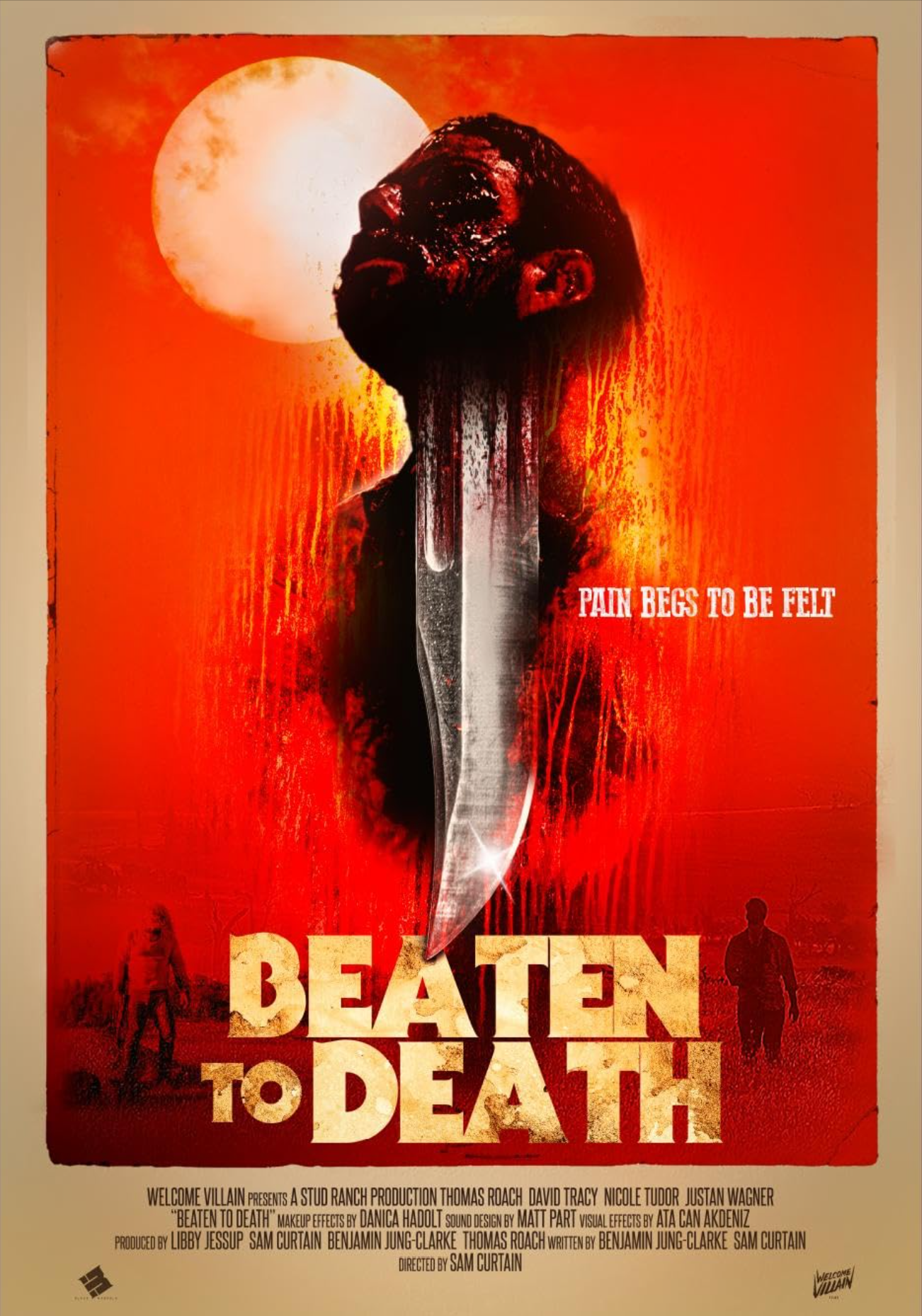 A poster for the movie "Beaten to Death" featuring a person with a large knife and a bloodied head against a red background with a white moon. The tagline reads "Pain Begs to Be Felt."