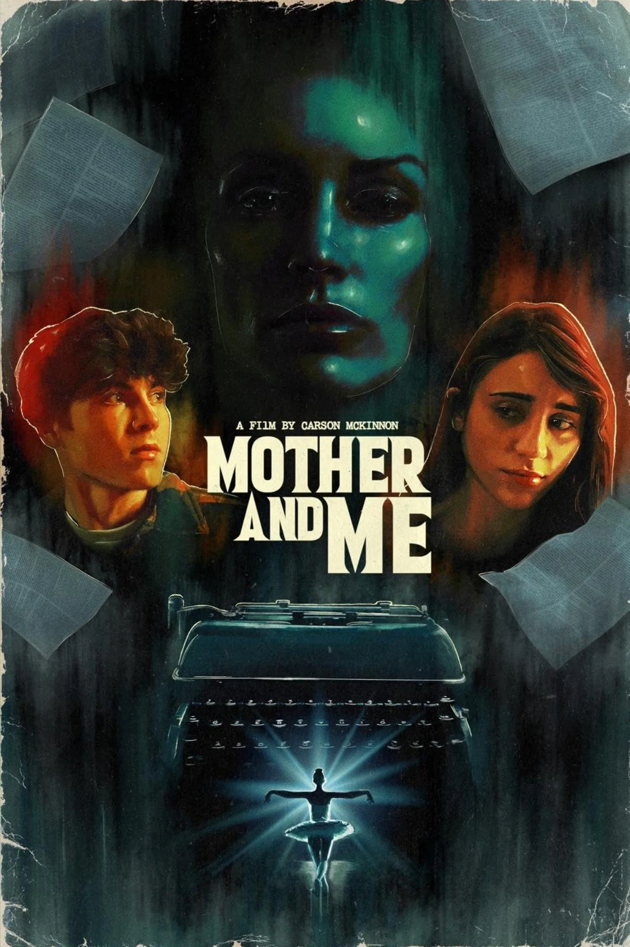A movie poster for 'Mother and Me' featuring three characters' faces, a vintage typewriter, and a ballet dancer in front of a bright light.