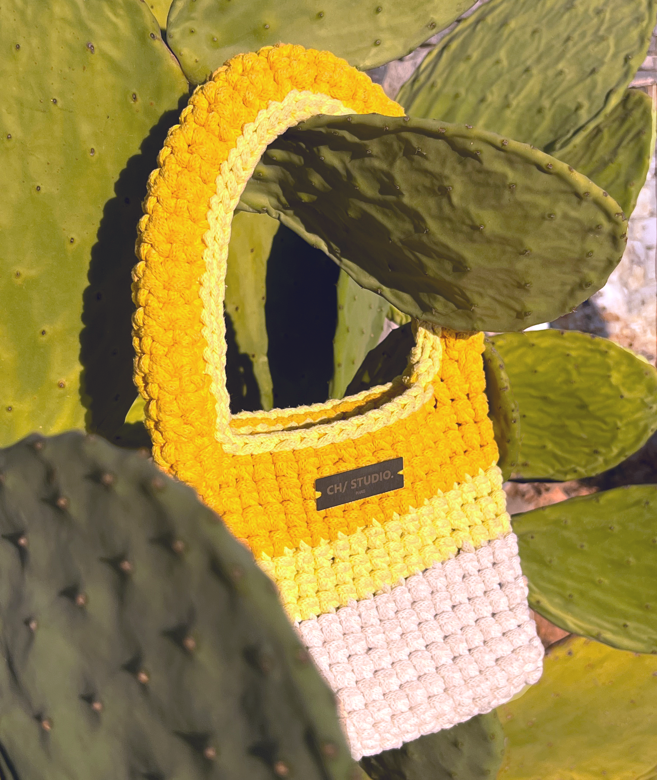 Sac à main jaune et blanc en crochet pendu à un cactus