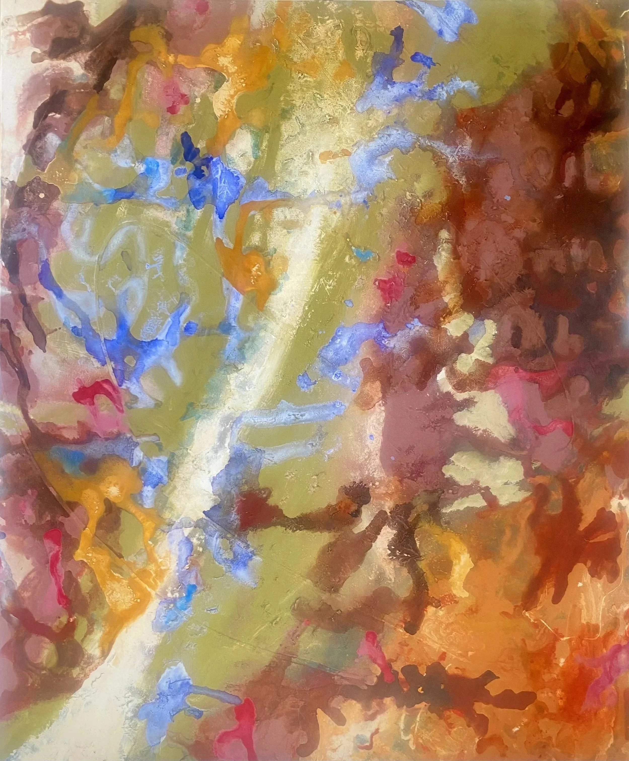 Abstract painting with yellow, blue, red, green, brown, and white colours blending in a fluid, swirling pattern.