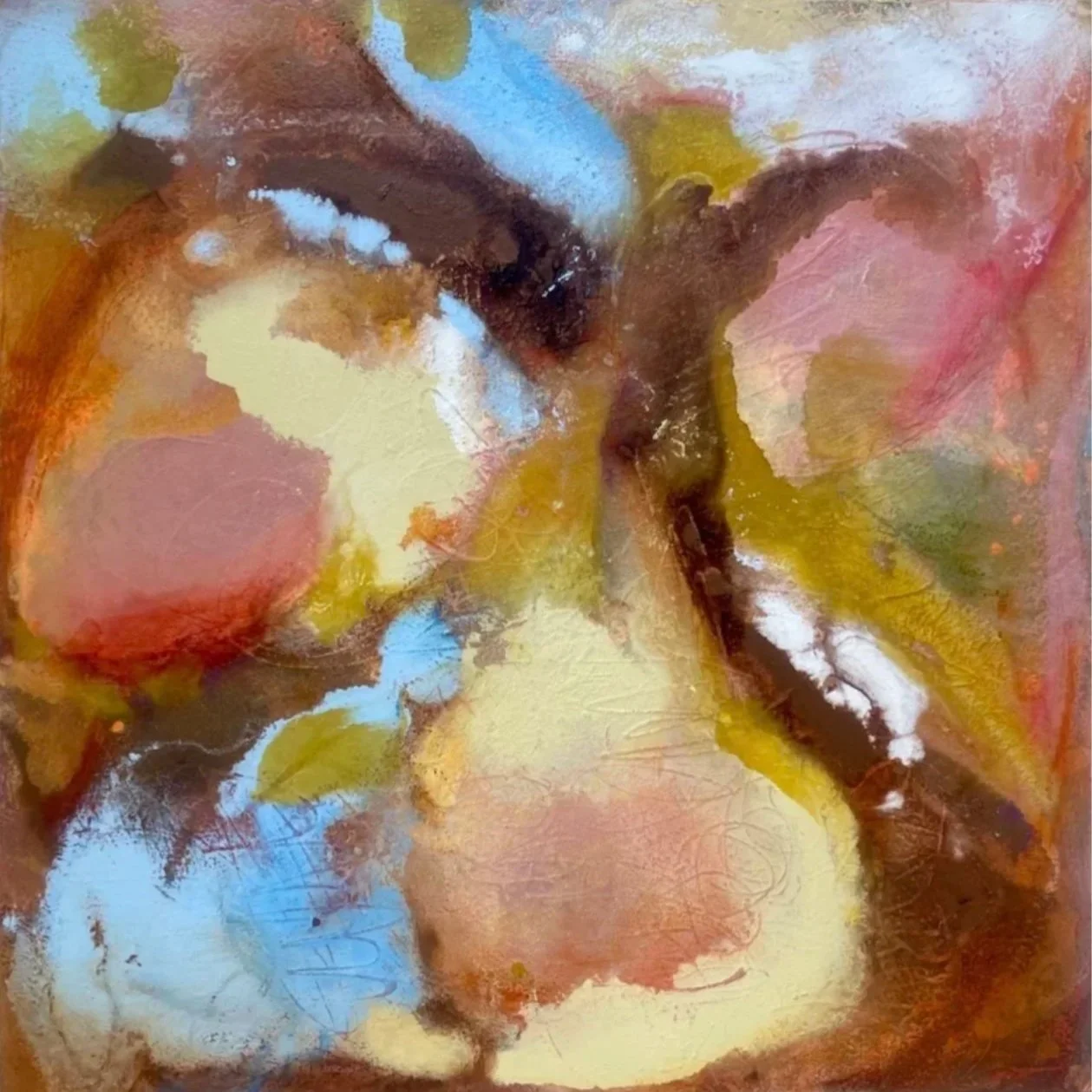 Abstract painting with warm colours, including shades of yellow, orange, brown, pink, green, and blue, with textured brushstrokes and blending.