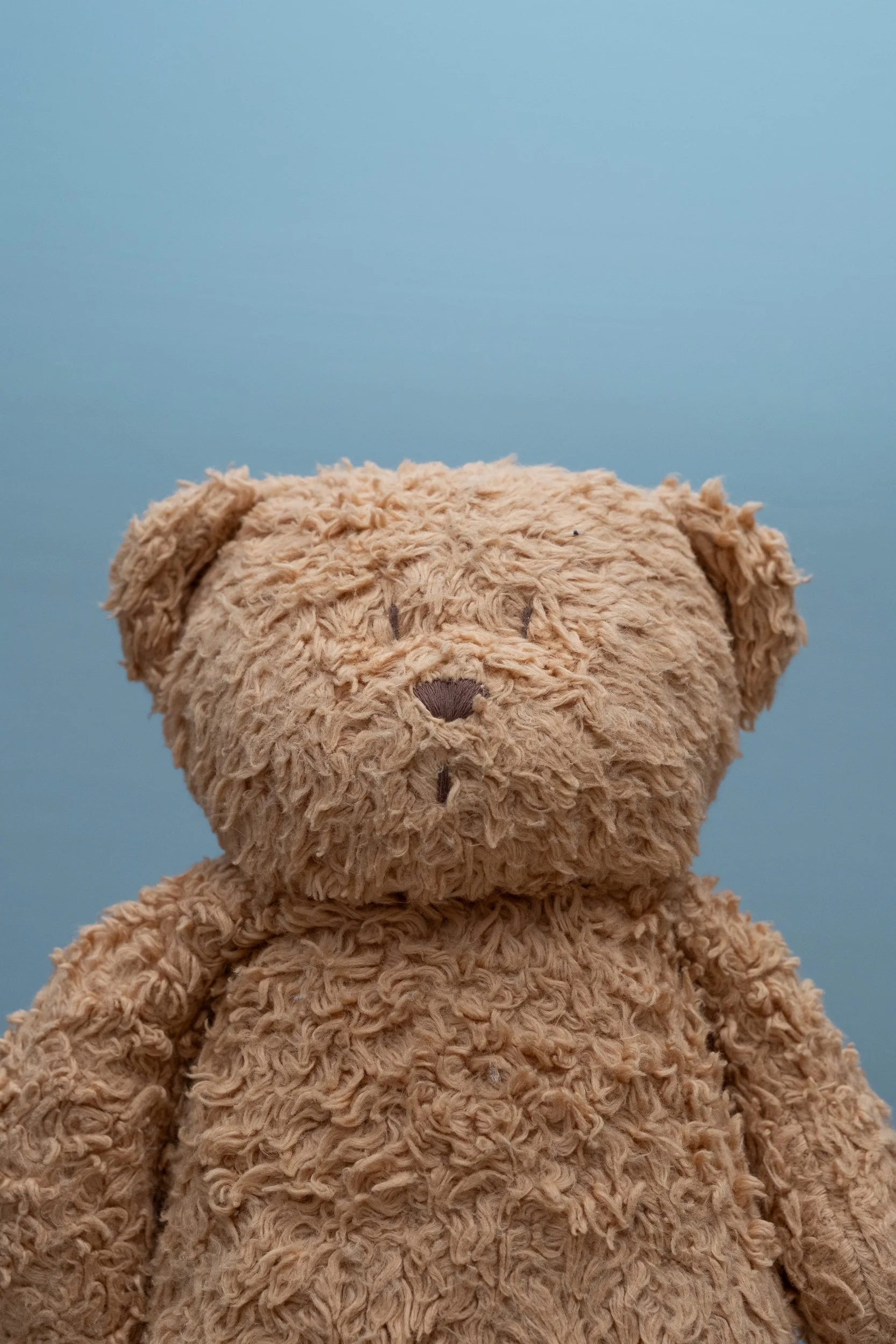 Ein brauner Plüschbär mit schwarzen Augen und einer braunen Nase vor einem blauen Hintergrund.