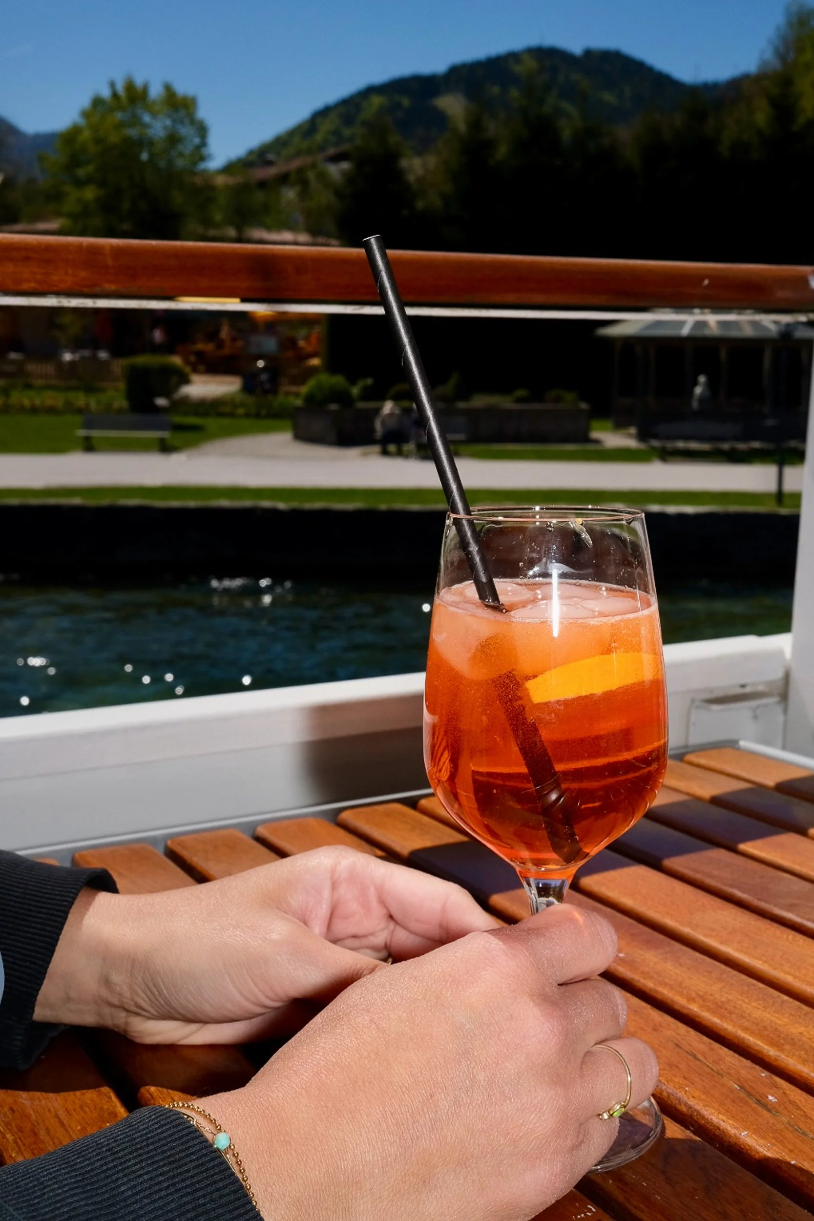 Eine Person hält ein Glas mit rosa Getränk und Trinkhalm, draußen auf einer Holzbank mit Blick auf einen Park mit Bäumen, Wasser und Bergen im Hintergrund.