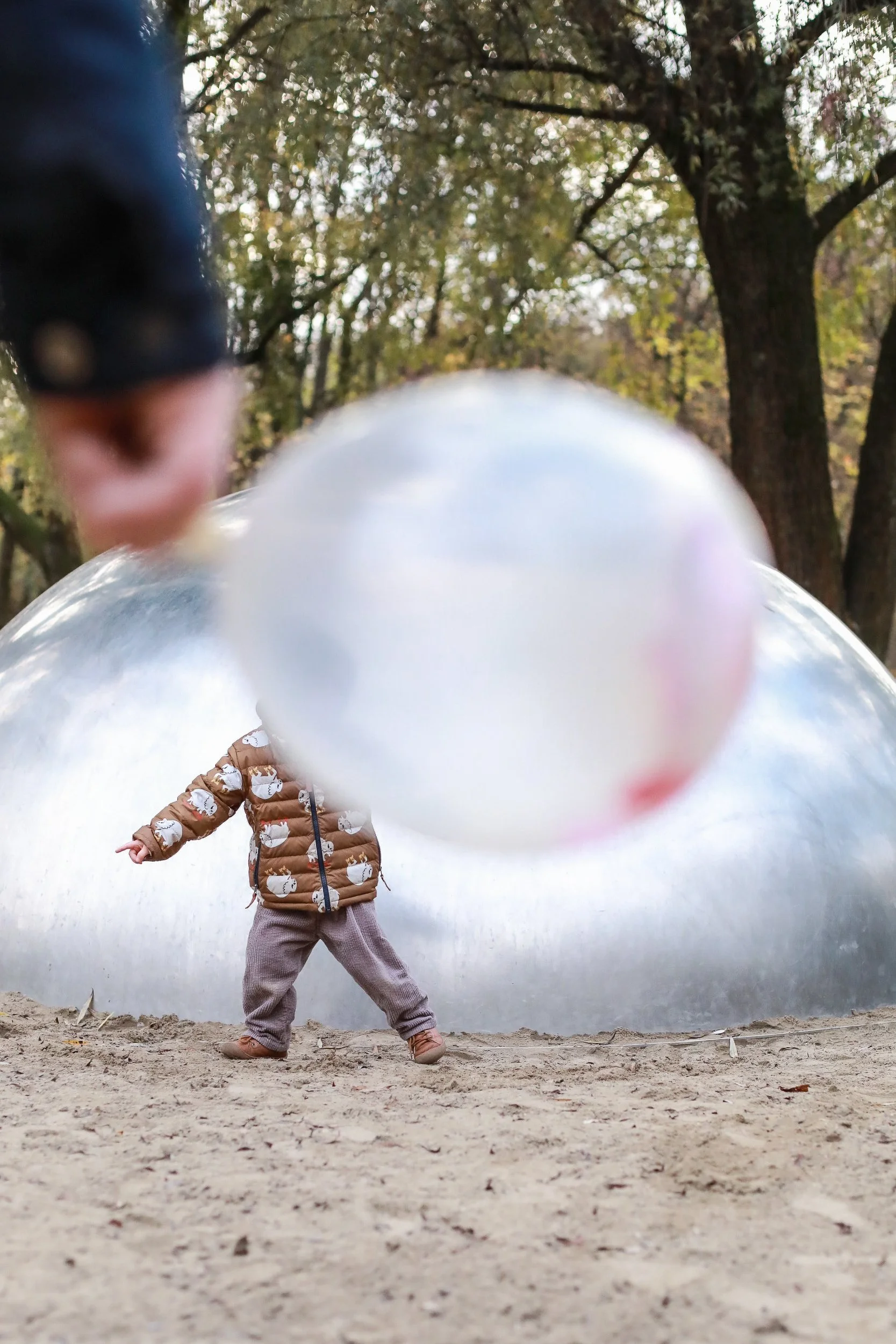 Ein Kind steht in einem Park mit Bäumen im Hintergrund. Es trägt eine braune Jacke mit weißen Tieren, graue Hosen und braune Schuhe. Die Perspektive ist sehr nah an einem transparenten Ball, der das Kind teilweise verdeckt.