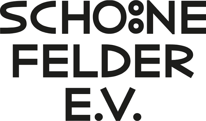 Schriftzug mit den Worten 'Schöne Felder E.V.' in schwarzer Schrift auf weißem Hintergrund.