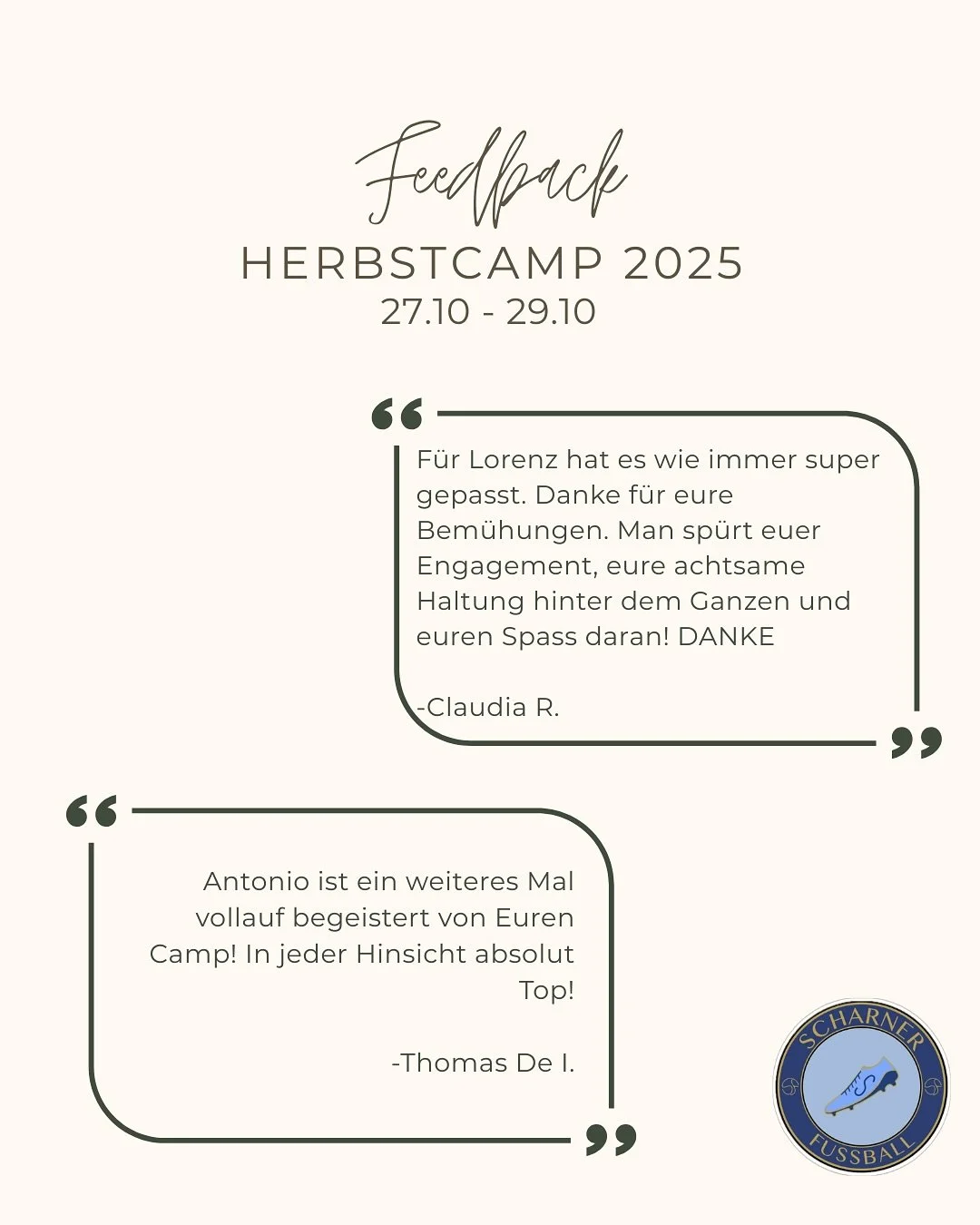 So viele tolle R&uuml;ckmeldungen &ndash; wir sind &uuml;berw&auml;ltigt! 💬

#nachwuchs #scharnerfussball #fussball#scharnerfusballcamp #fussballcamp  #danke #feedback