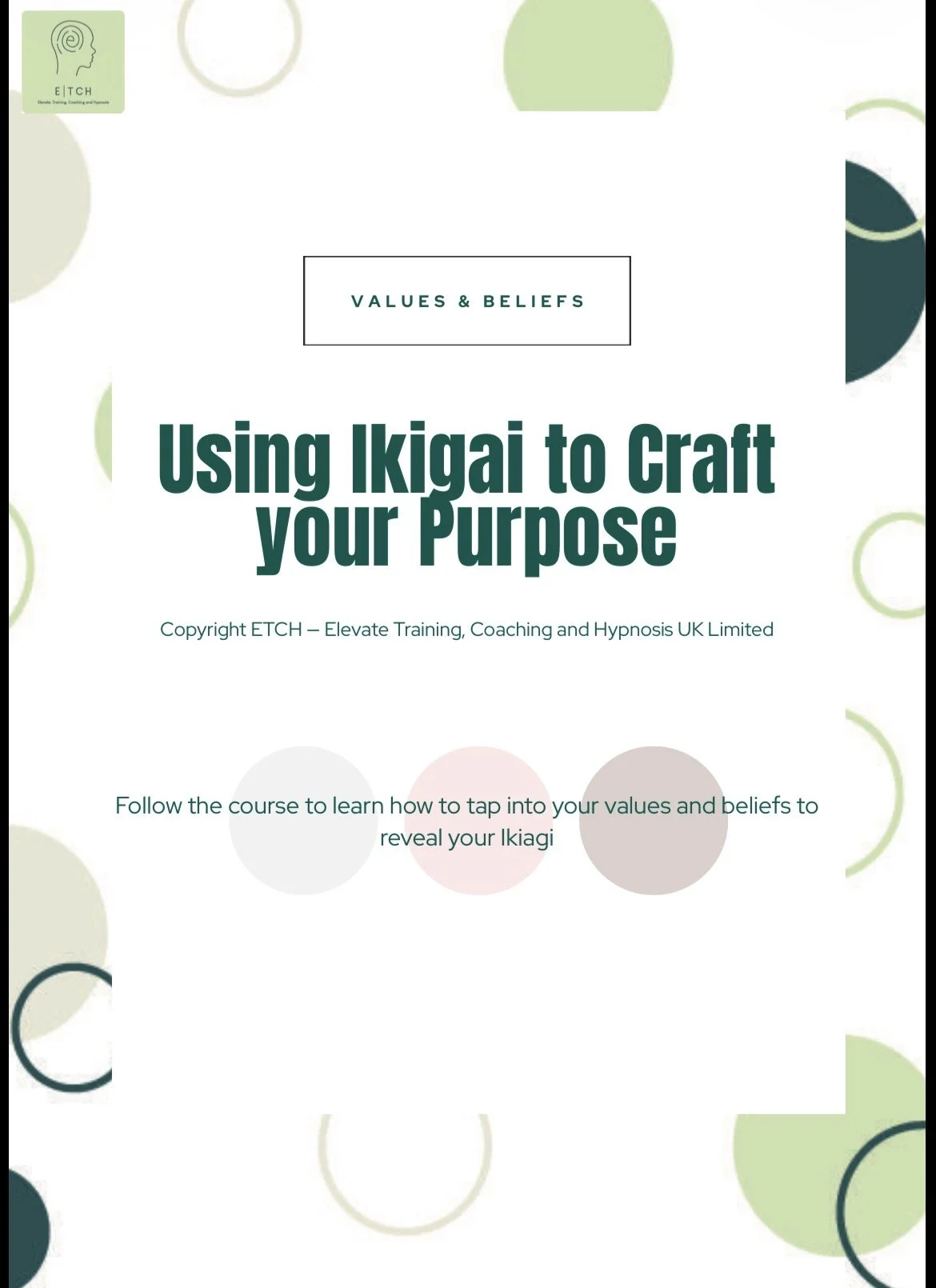 Using Ikigai to Craft Your Purpose workbook cover, with the ETCH logo and green circular patterns.