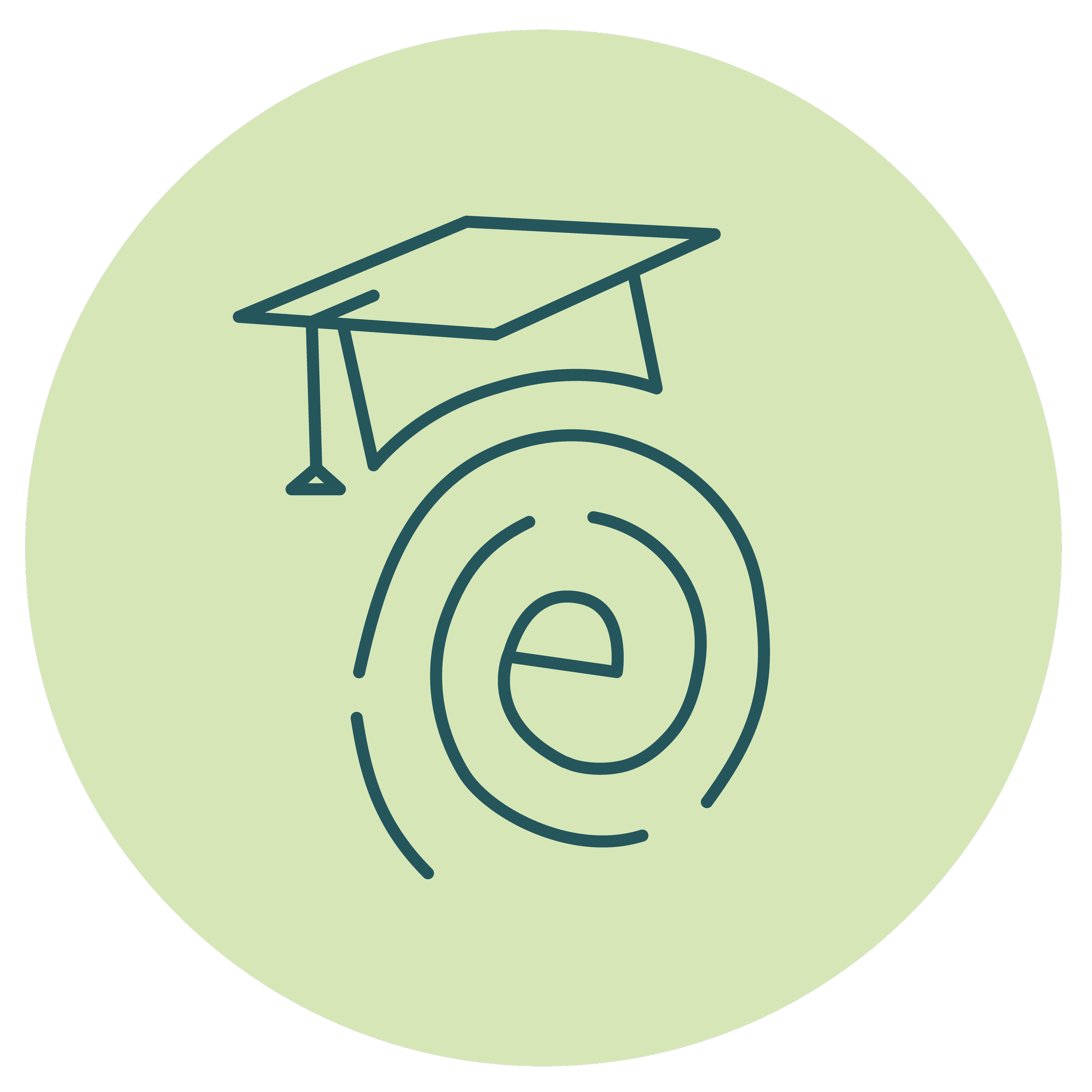 A simple line drawing of a graduation cap and a graduation diploma inside a circle on a light green background.