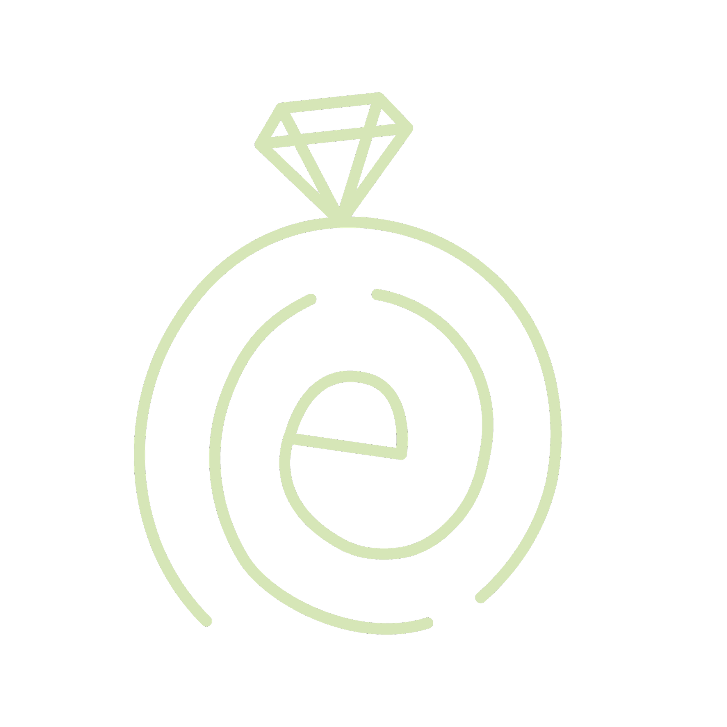 Line drawing of a diamond on top of a curved surface, with concentric circles around it, all on a black background.