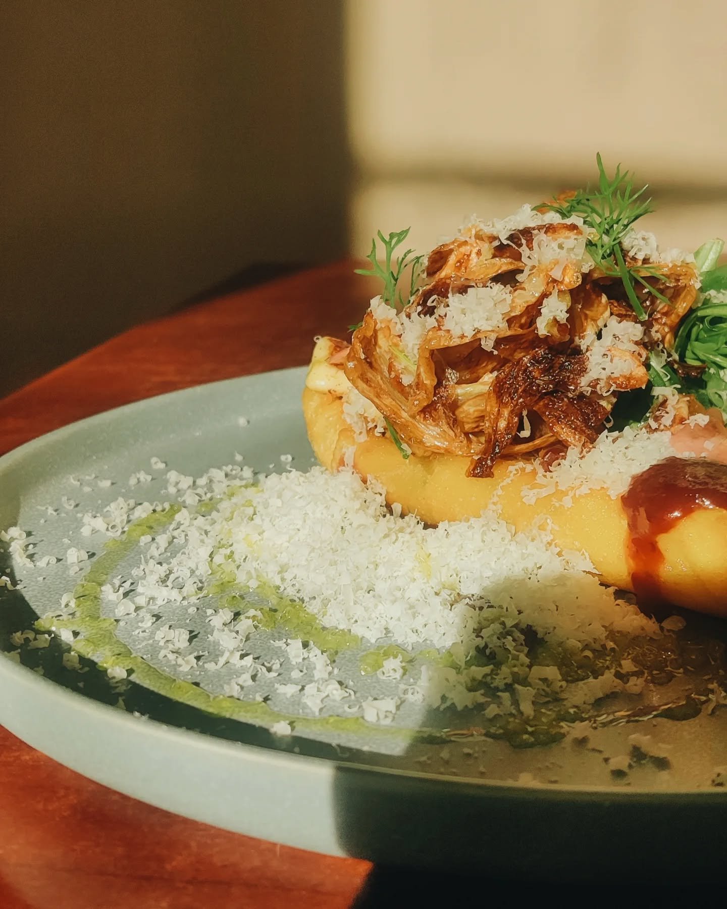 Chickpea Panisse, Haloumi, black olive caramel, crispy fennel, dressed leaves, parmesan.
Yum! 
#HobartCoffee #HobartFood #hobartbrunch #newtownhobart