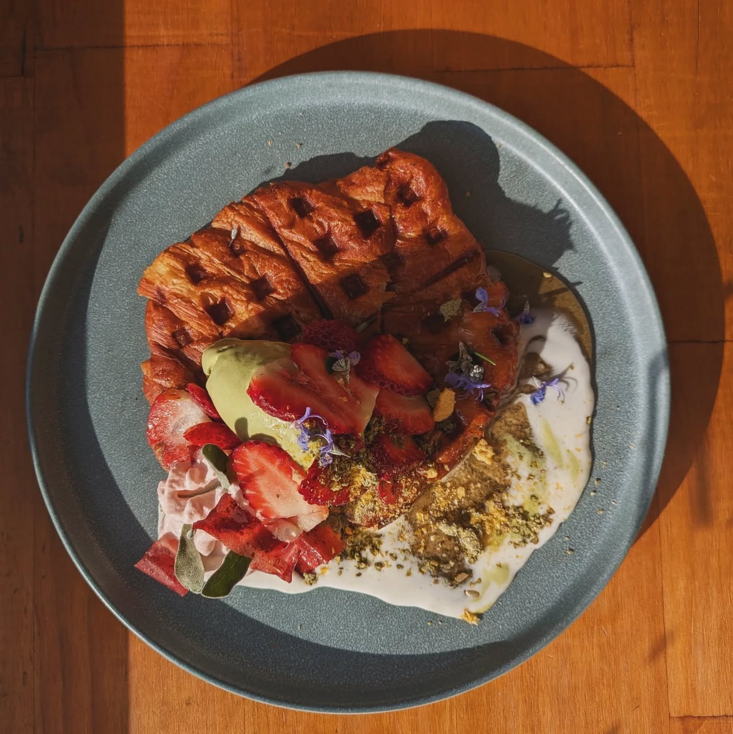 Strawberry &amp; Matcha Croissant Waffle

Squashed Croissant, homemade matcha ice cream, strawberry mousse, coconut sauce, strawberry leather &amp; matcha crumb.