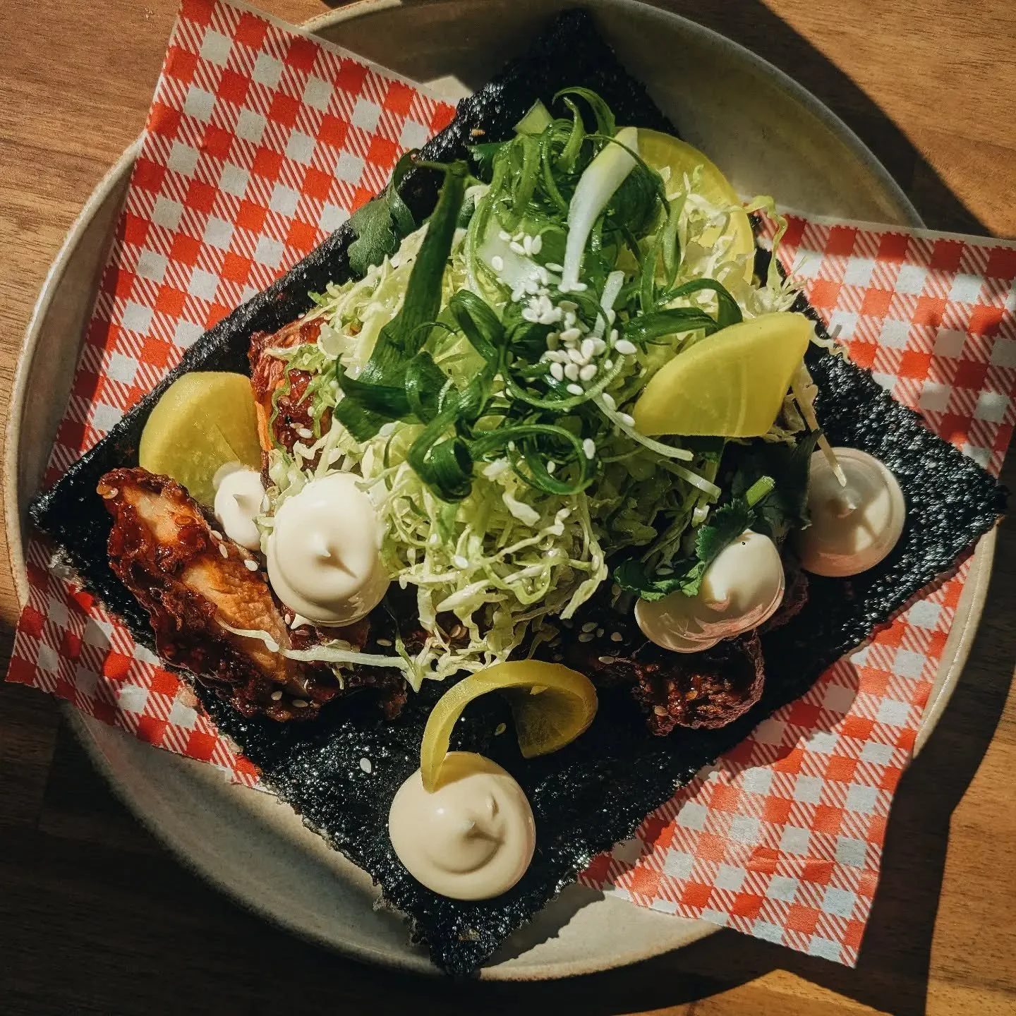 The Parcel's fried chicken

Korean style fried chicken w sweet&amp;spicy gochujang on crispy nori, savoy cabbage salad, daikon pickle and kewpee mayo. 

#HobartCoffee #hobartbrunch #hobartcafe #HobartFood #newtownhobart #NewOnMenu #TheParcelCafe #old