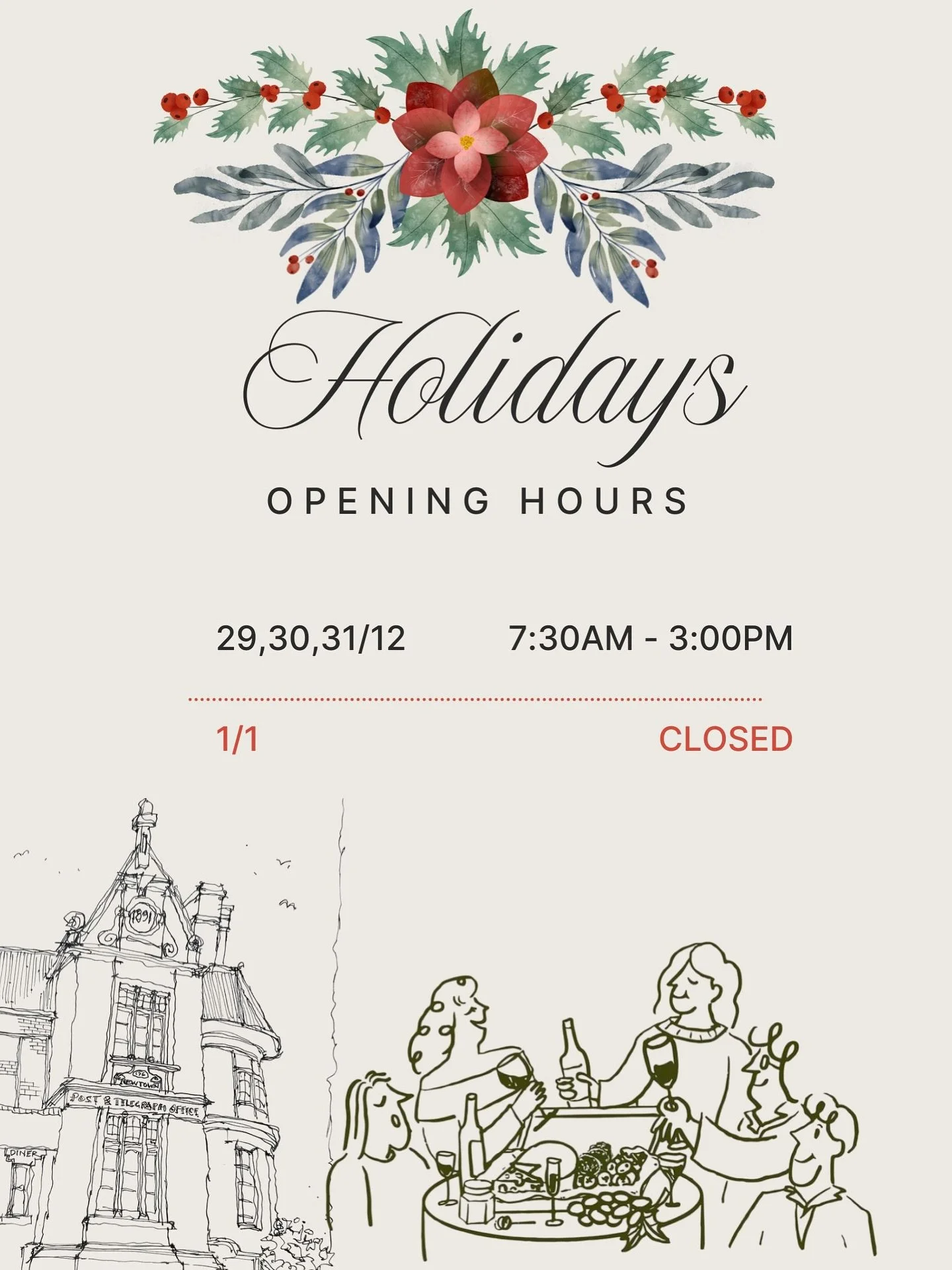 Hi our loved people, how is your holiday so far?

Below is our updated opening hours for next few days.

Back to normal on 2/1 7:30 - 3 

Have a wonderful festive season 🎉🎉