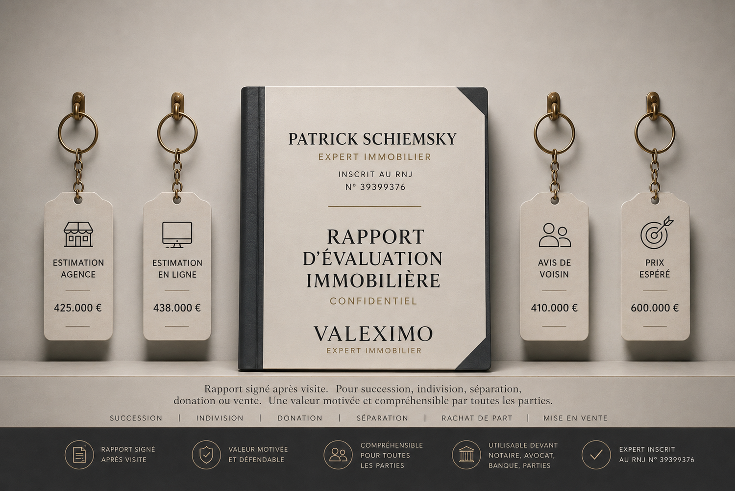 Rapport d’évaluation immobilière Valeximo établi par Patrick Schiemsky, expert immobilier à Uccle et Bruxelles, inscrit au RNJ n° 39399376, face aux estimations d’agence, estimations en ligne, avis de voisin et prix espéré