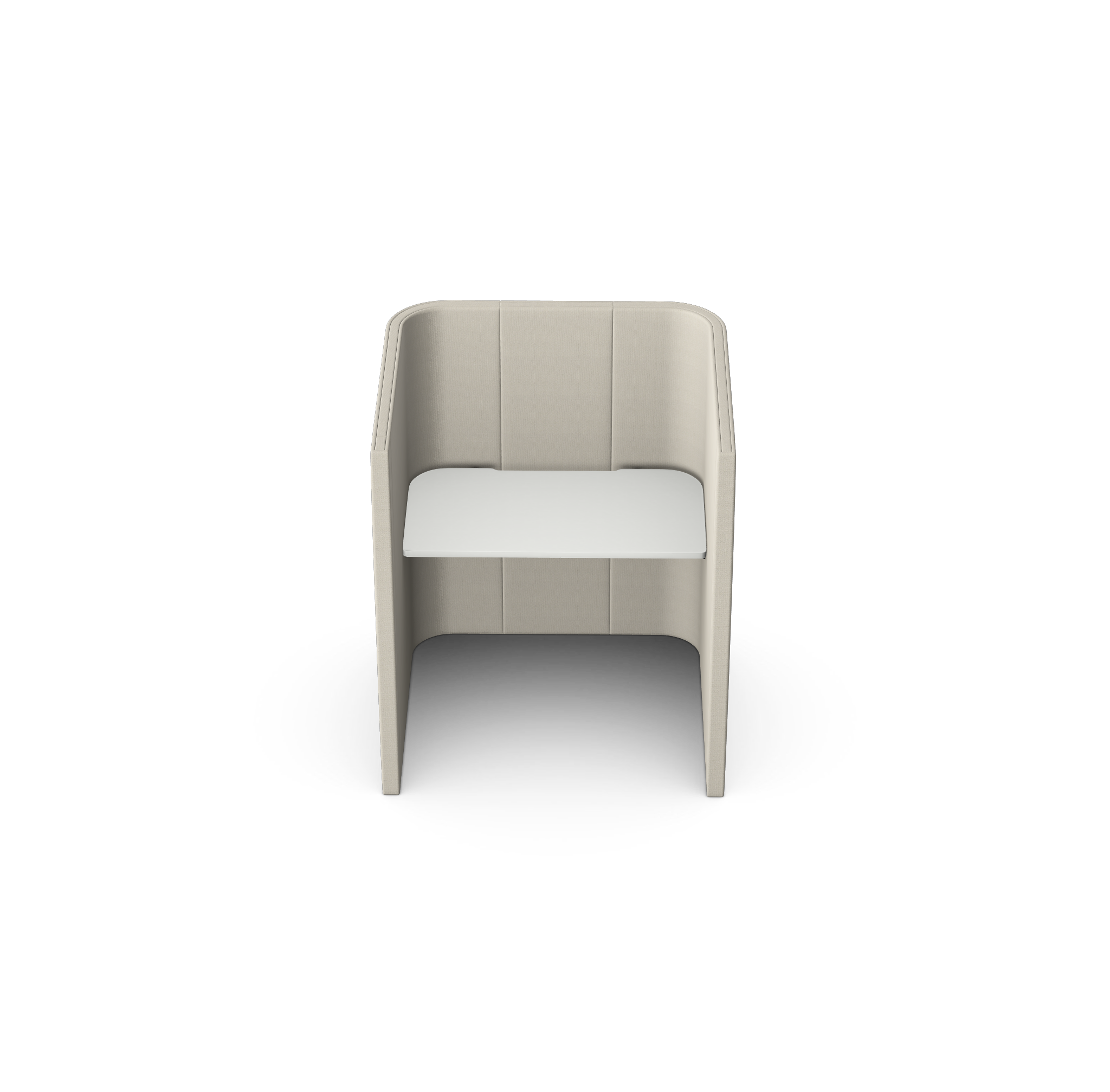 Beige modern armchair with a white cushion against a black background.