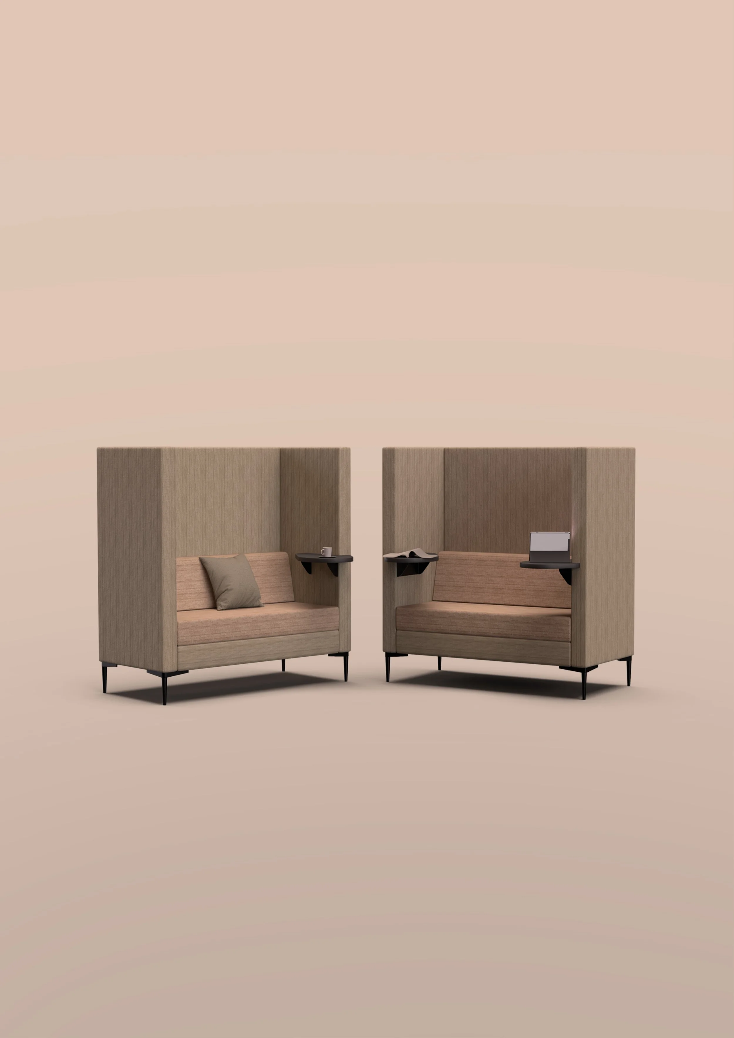 Two beige high-backed Element-Lite booths with small black side tables, one with a pillow and a coffee mug, the other with an open laptop, on a peach-colored background.