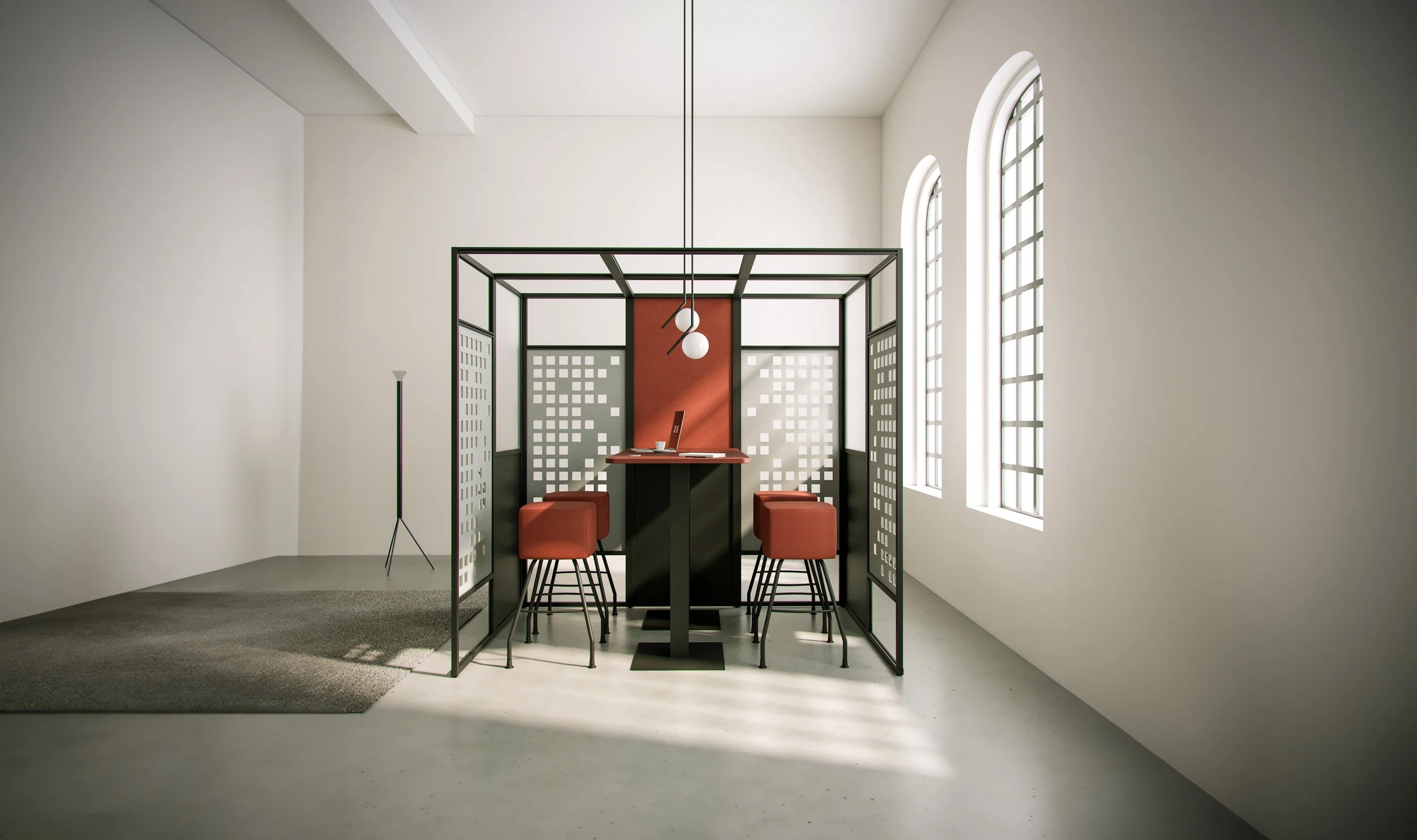 Modern office cubicle with a high table, two stools, overhead lighting, and large arched windows in a minimalistic room.