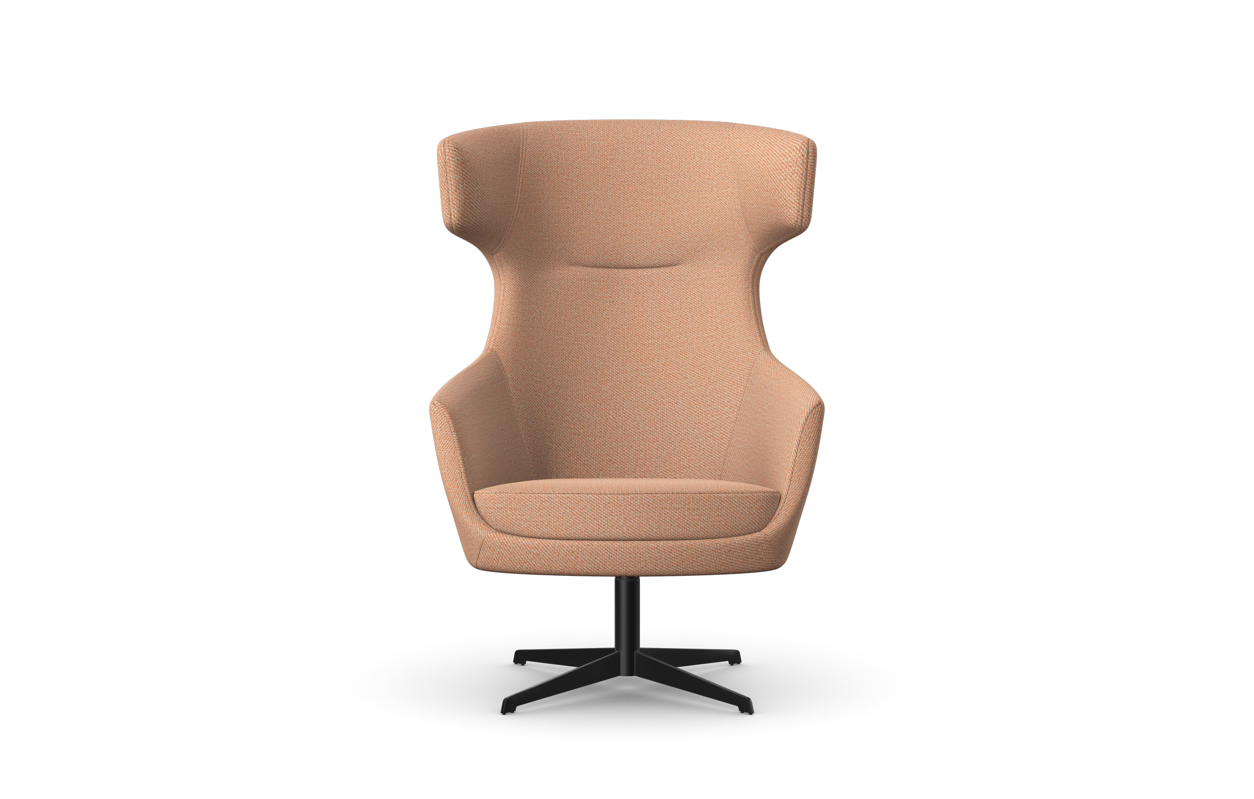 A pink high-back ergonomic office chair with a curved design and a black base, isolated on a black background.