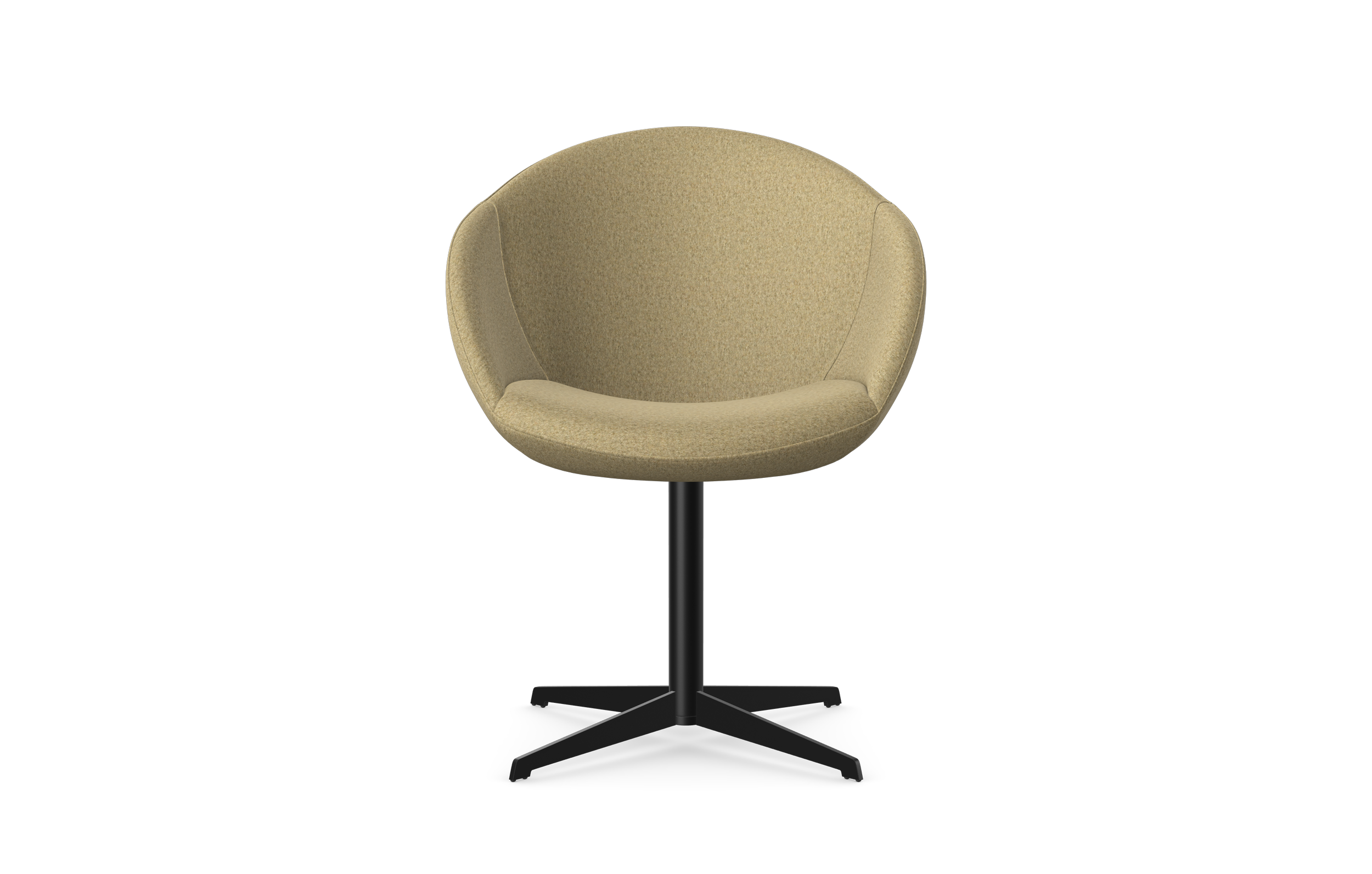 Beige modern upholstered swivel lounge chair with black metal base against black background.
