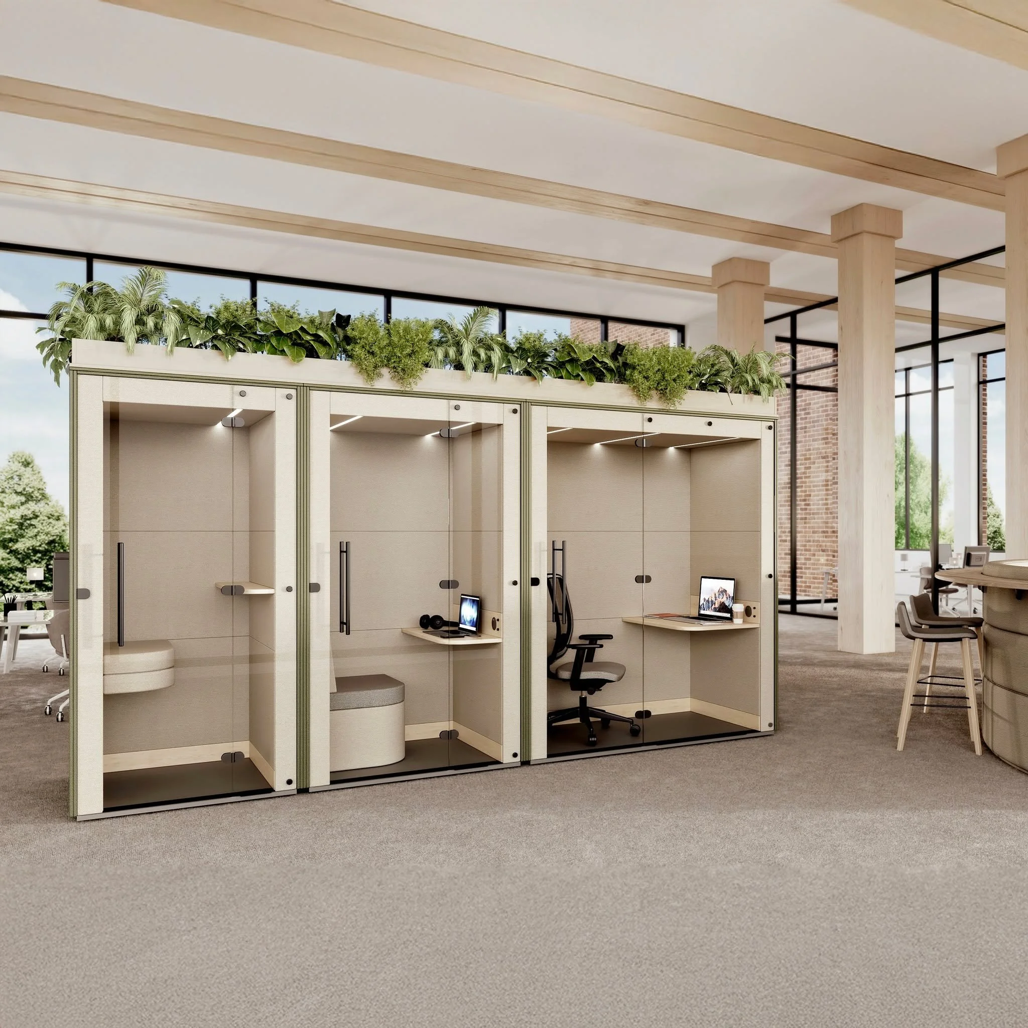 Mura offers three distinct variations: Mura Lite, Mura, and Mura Pro. 
Each offers tailored functions and unique features to suit different workspace needs; from short private phone-calls to focused solo work and even a long-term private workspace, p