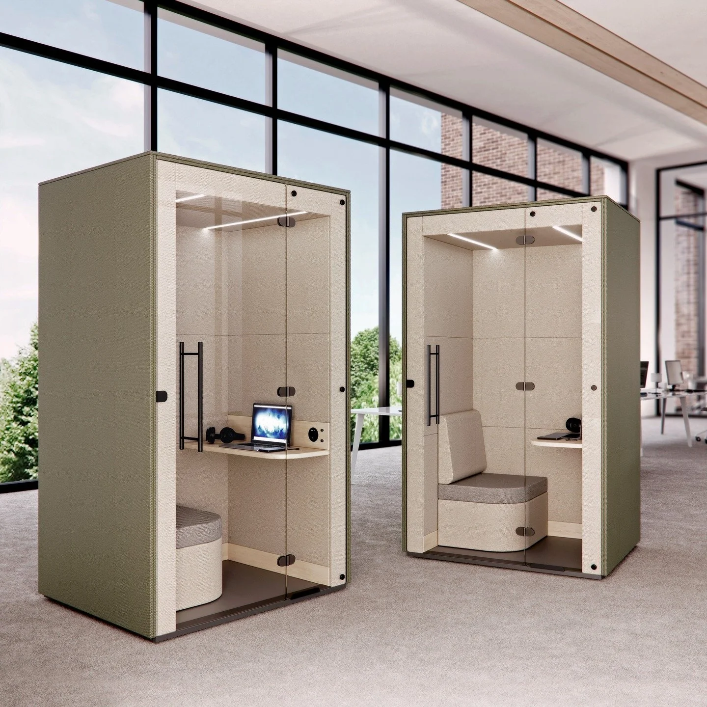 Mura offers an ergonomic work-station. Upholstered or MFC finish options make the pod aesthetically adaptable while two dimmable LED light strips, a controllable vent, integrated power &amp; an optional poseur height table make Mura functional, adapt