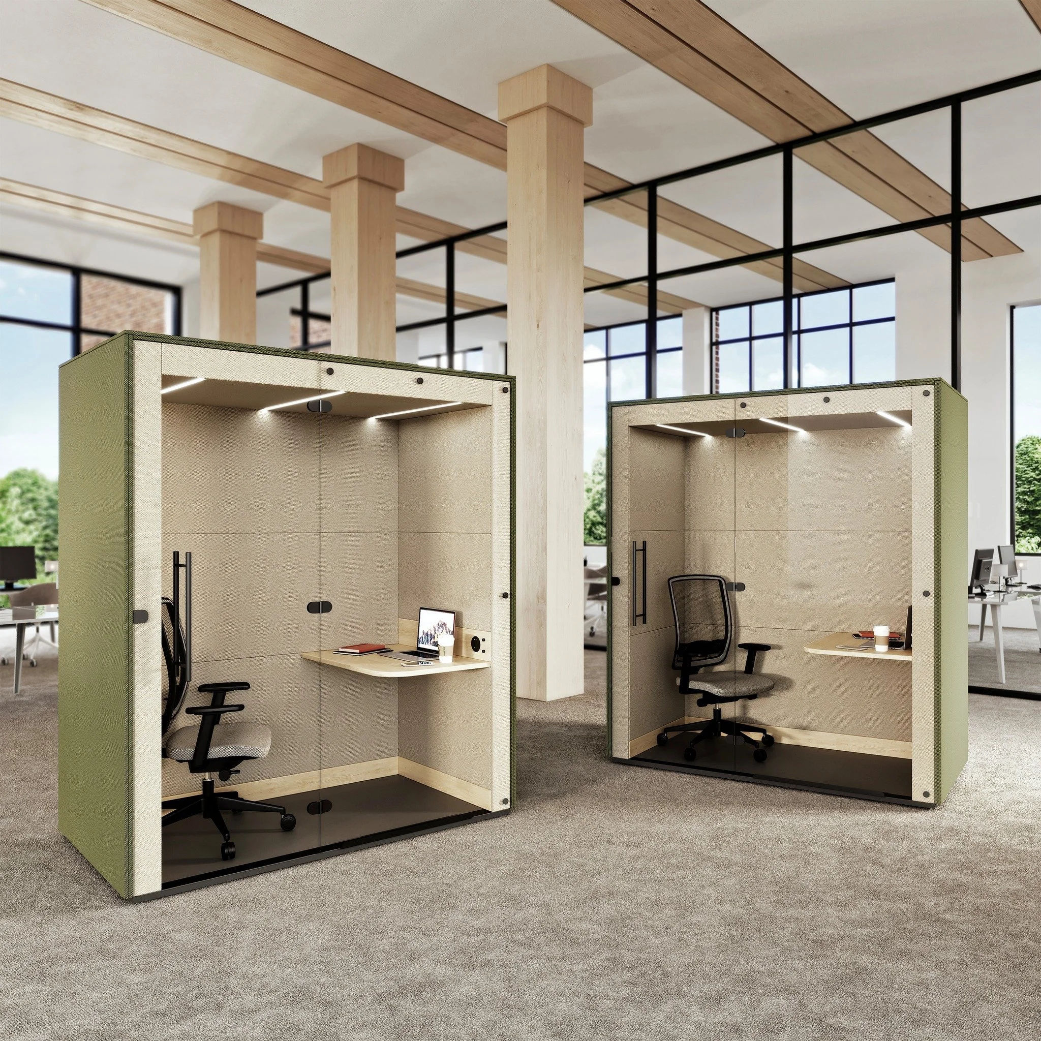 Mura Pro is an architectural statement. Designed to be a semi-private office of its own with a glazed front, free-standing seating, and a desk height table. Three high-efficiency LED light strips with a dimmable controls and air vent mean that whethe