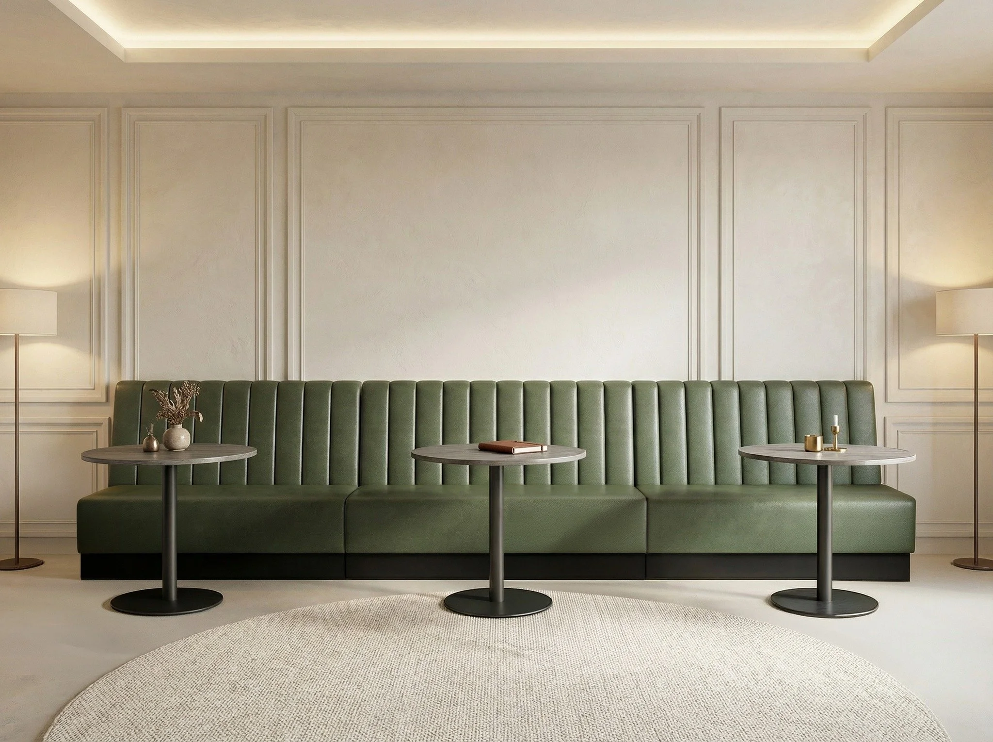 Banq is our range of banquette seating, available in a variety of lengths with options including plinth or leg bases, and straight or fluted backs. Its understated form allows the upholstery to take centre stage, making Banq an ideal choice for tying
